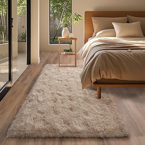 Beige Rugs for Bedroom 2x6 ft - Ultra Soft Faux Fur Area Rug - Plush Non-Slip Shaggy Carpet for Living Room, Cozy Fluffy Rug for Kids Boys Girls Dorm Nursery Room, High Pile Floor Carpet