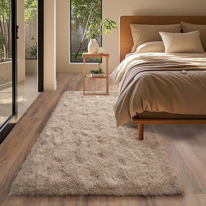 Beige Rugs for Bedroom 2x6 ft - Ultra Soft Faux Fur Area Rug - Plush Non-Slip Shaggy Carpet for Living Room, Cozy Fluffy Rug for Kids Boys Girls Dorm Nursery Room, High Pile Floor Carpet