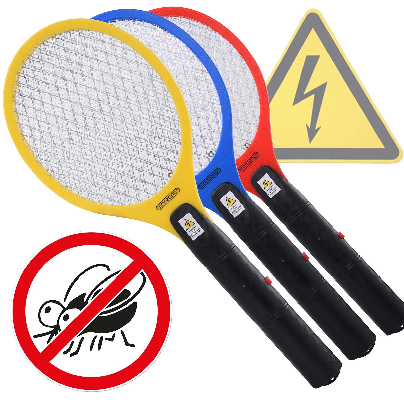 MONZANA® Raqueta Matamoscas Eléctrica 3 Unid. Matamosquitos Protección de Malla Doble Batería Uso Interior