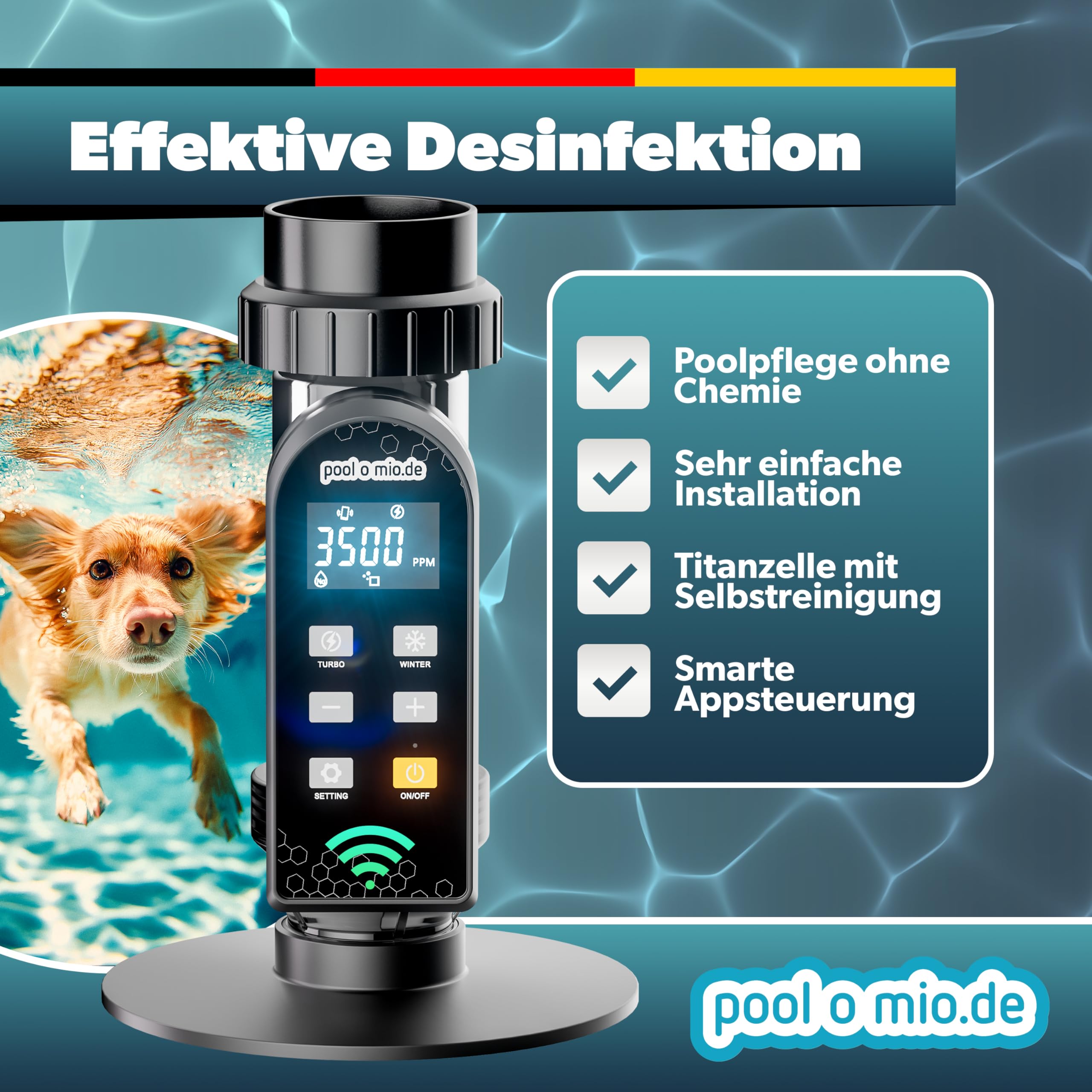 poolomio® Chlorinator Pool bis 55.000L | Salzelektrolysegerät 15g/h mit Smarter App-Steuerung & Titanzelle | Salzanlage zur chemiefreien Wasserpflege | Pool Salzwassersystem mit Dosierautomatik