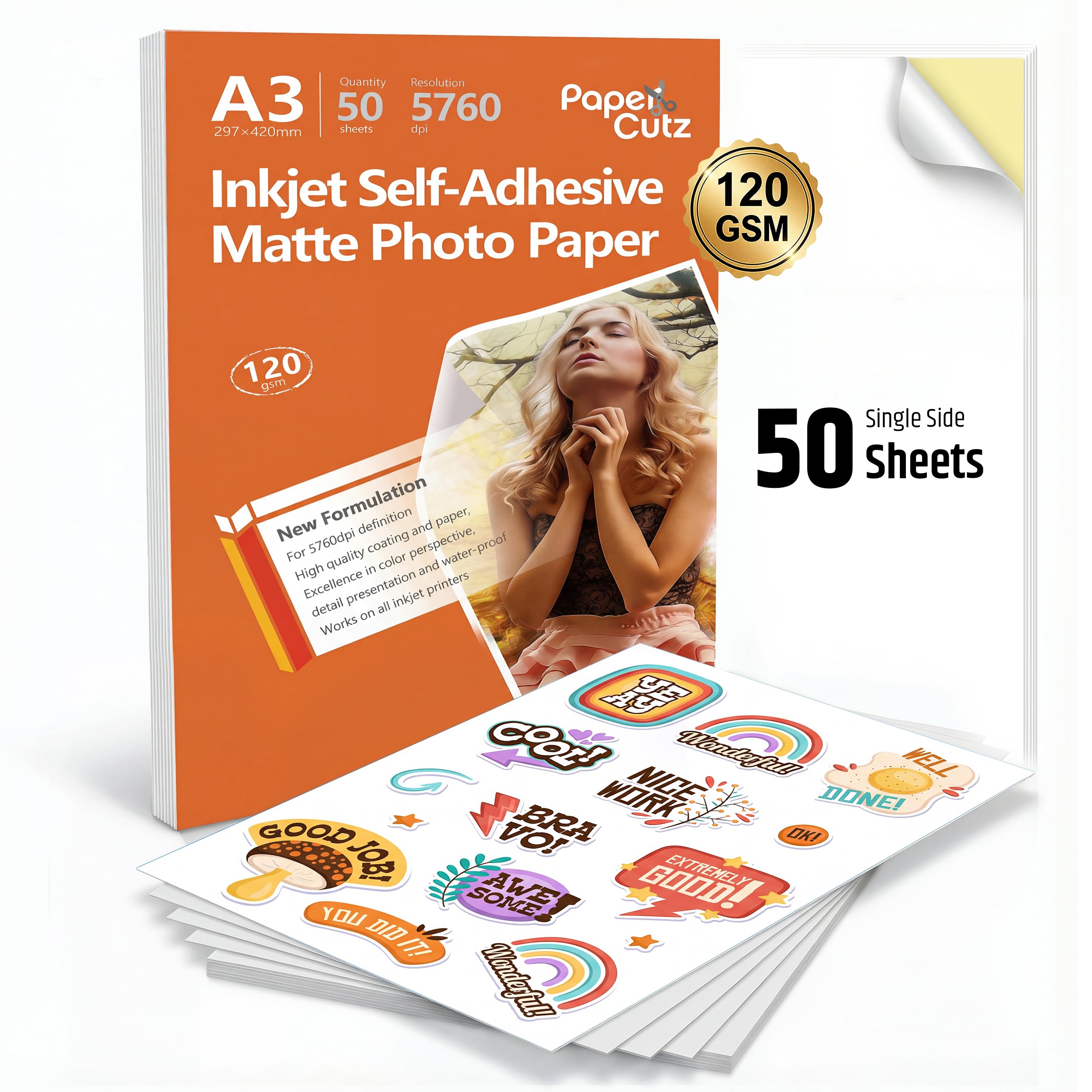 PaperCutz Premium Quality 120 GSM A3 Matte Self Adhesive Photo Paper Inkjet - 50 Sheets Sticky