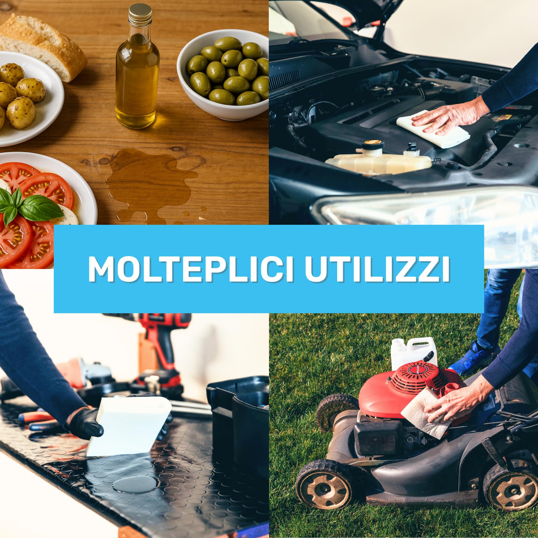 Kit da 4 Spugne Oleoassorbenti e Idrorepellenti, 16 x 24 cm H 0.5 cm, Riutilizzabili, per Pulizia di Oli e Liquidi