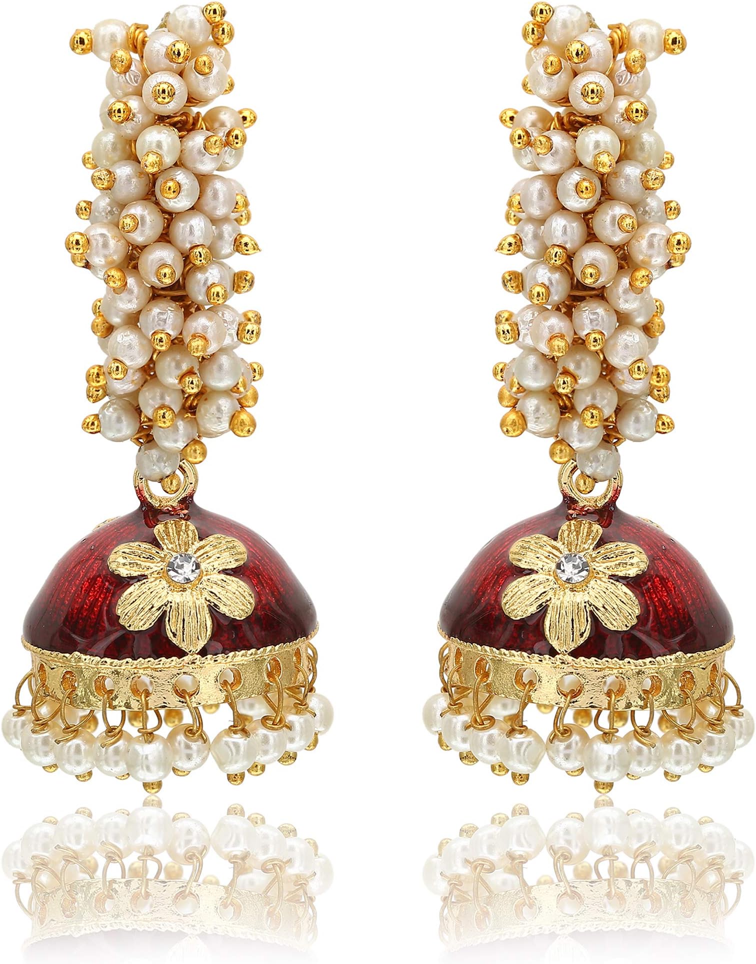 Golden Meenakari Jhumkas With White Pearls For Women (Green)