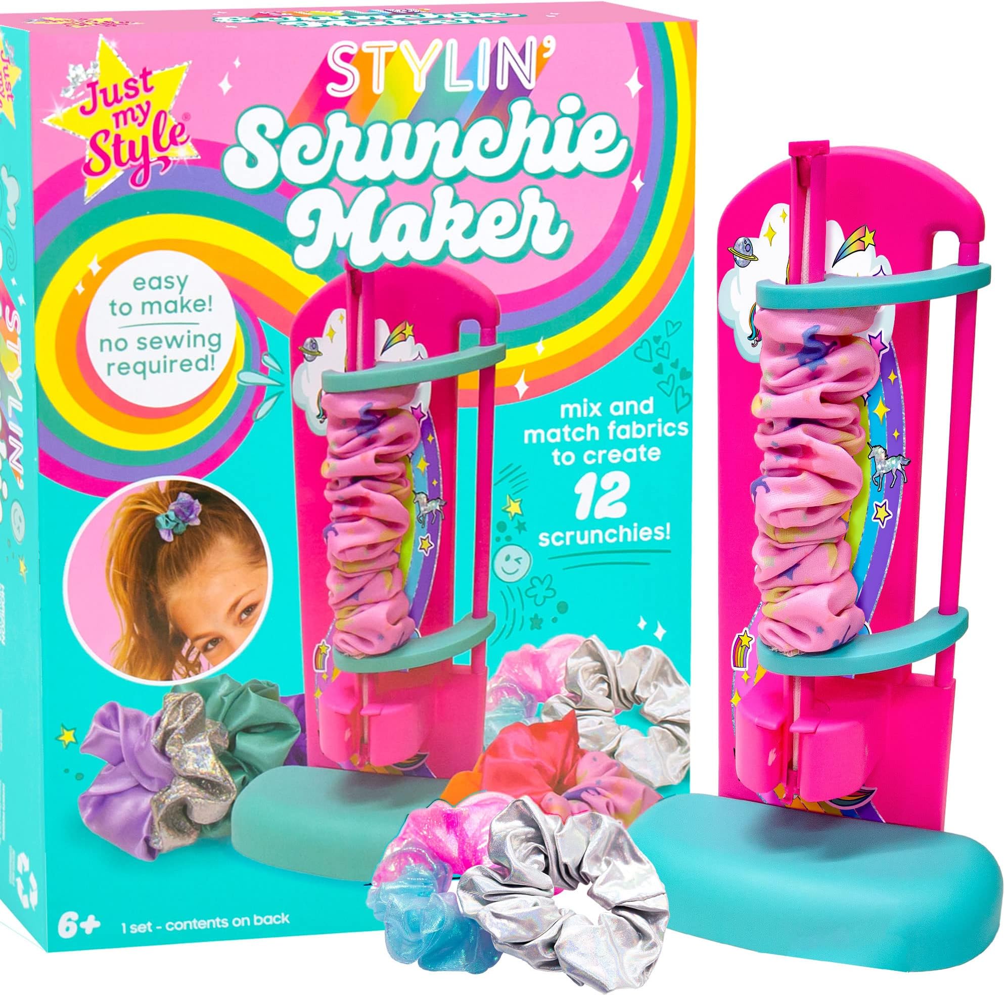 Just My Style D.I.Y. Scrunchie Maker by Horizon Group USA, Design Your Own Colorful Satin Scrunchies Hair Bands, Easy-to-Use Tool & Gemstones Included