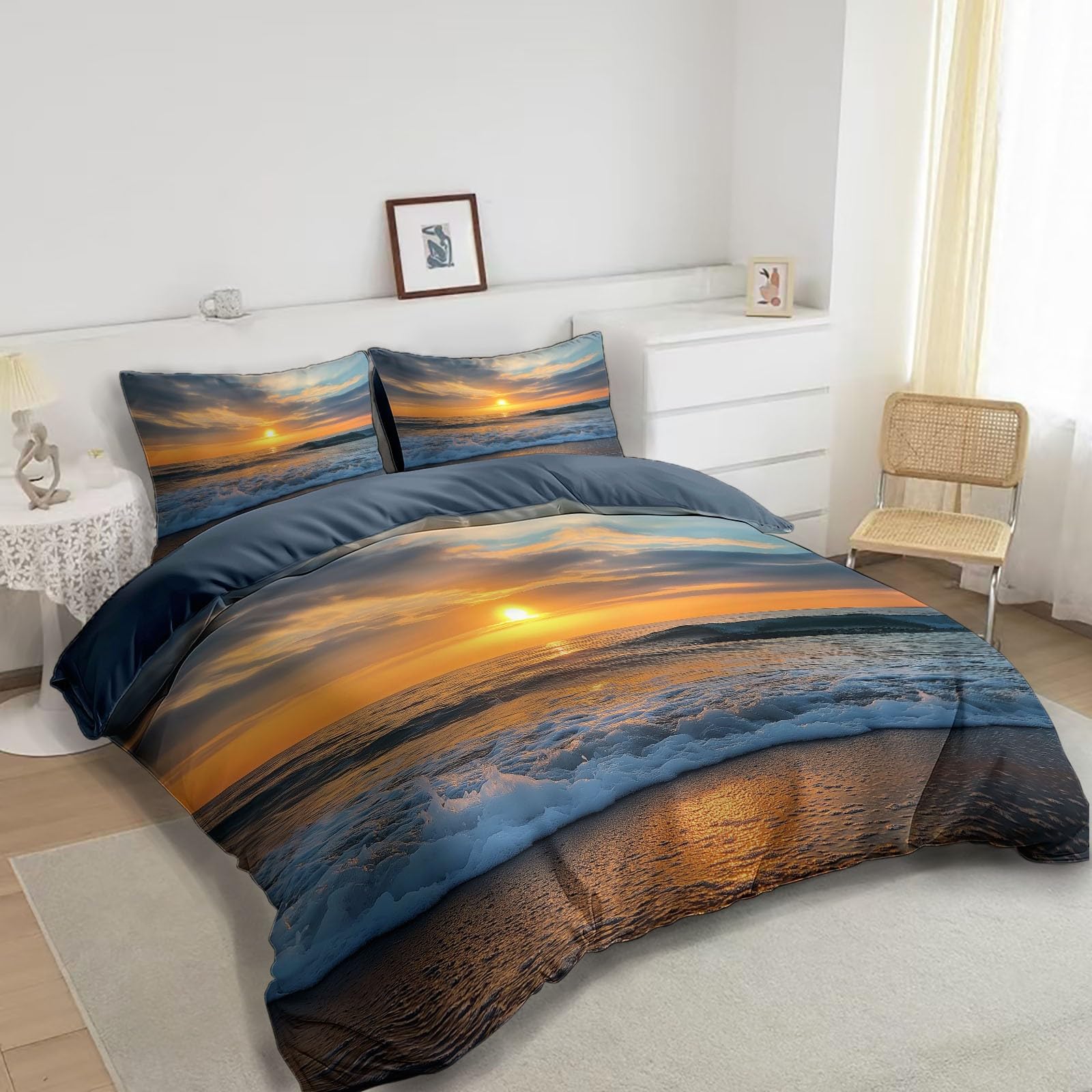 Generico Set Copripiumino Singolo Matrimoniale 240x220 cm Tramonto Vista Mare Copripiumino con 2 Federa 50x80 cm in Poliestere Cotone, Set Biancheria da Letto Morbido Anallergico