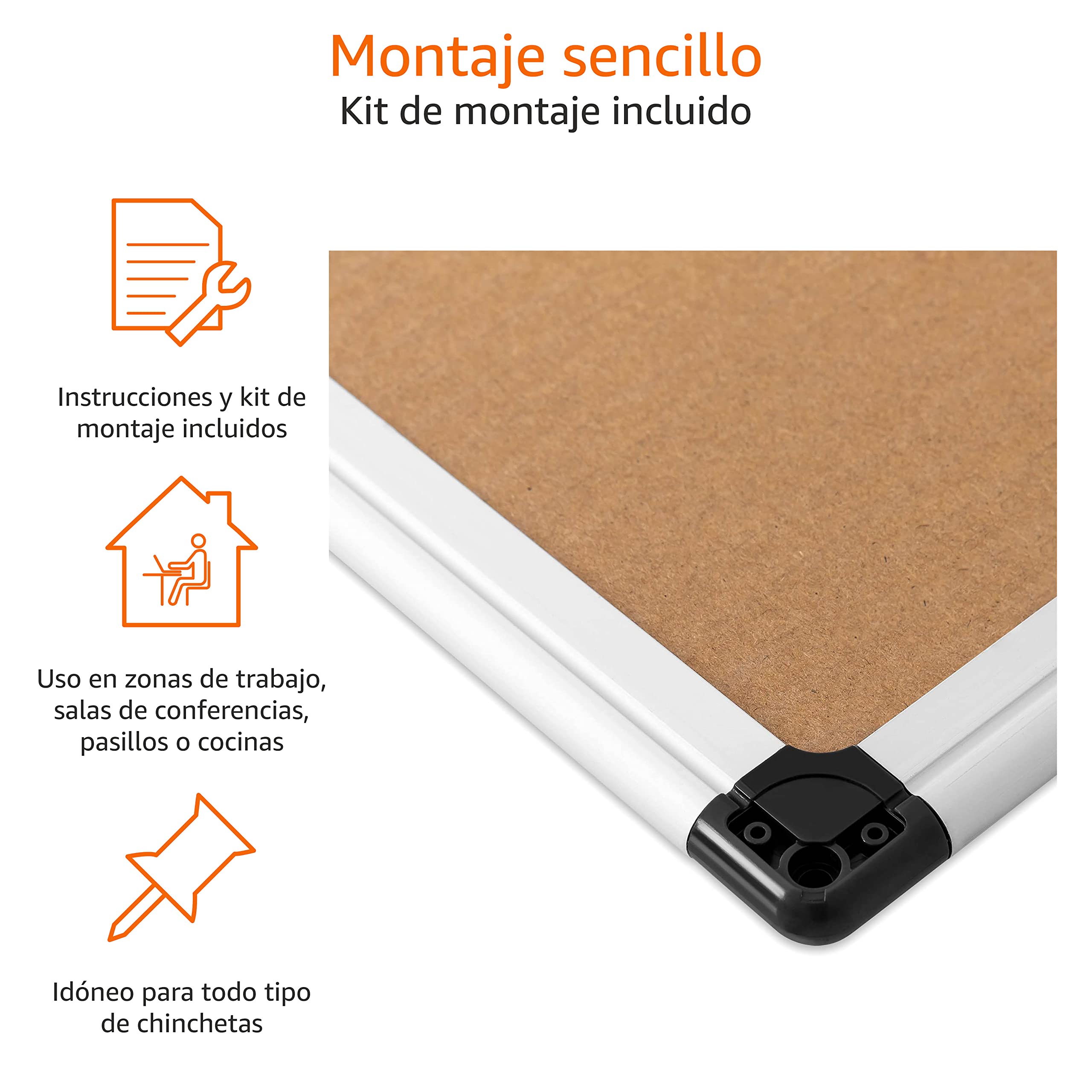 Amazon Basics Rectangular Tablón de anuncios, de corcho, con marco de aluminio, 90 x 60 cm, Plateado