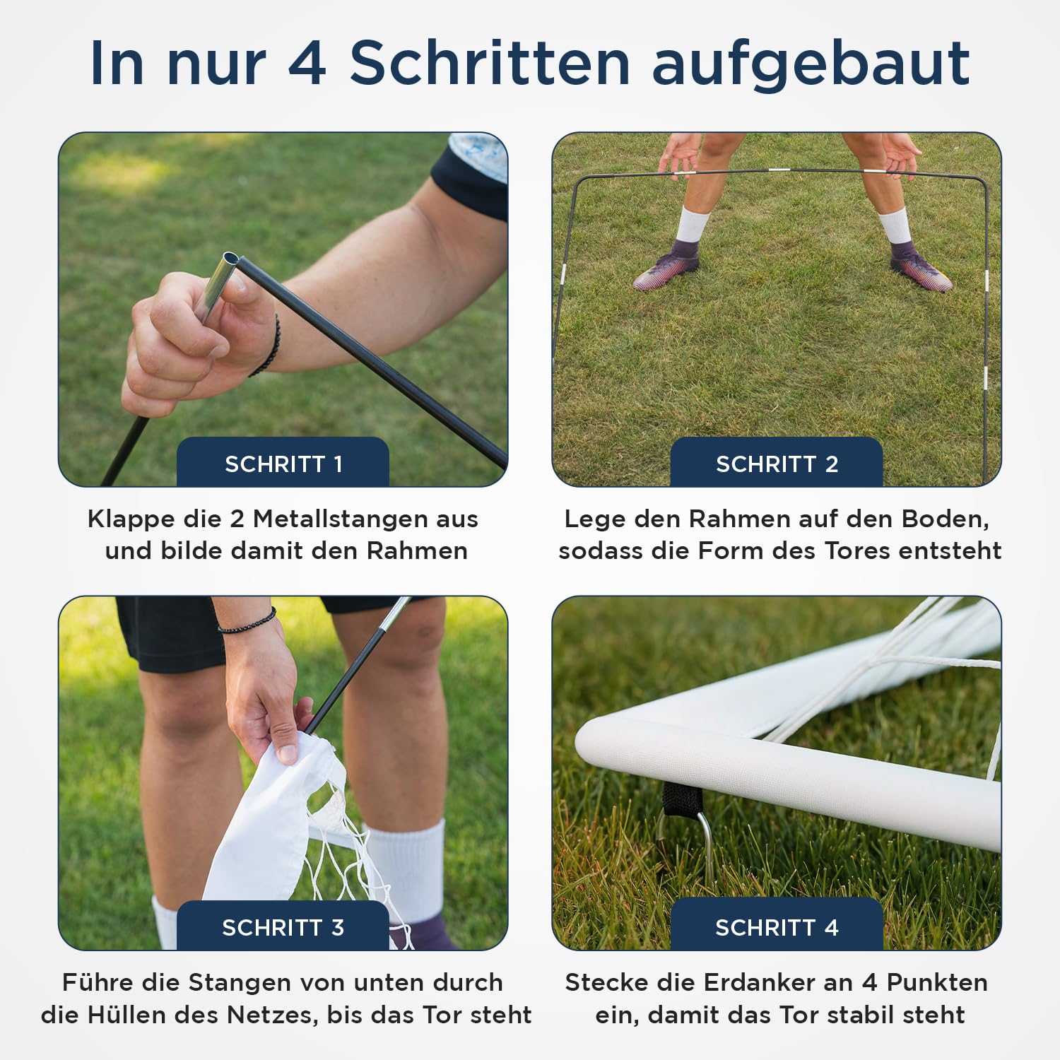 Fußballtor für Kinder 2er Set weiß, ohne Stolperfalle, je 120x90cm, inkl. 8+2 Heringen und Tragetasche, pop-up Fussballtore für Garten Kinder