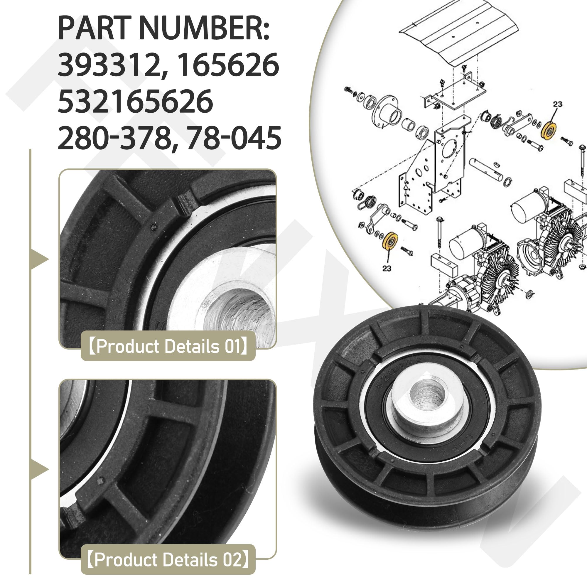 Paquete de 2 poleas tensoras 393312 V para cortacésped de giro cero modelo 718, 720, 721D, 725, 725K y 928D, sustituye a 165626, 532165626, 280-378, 78-045