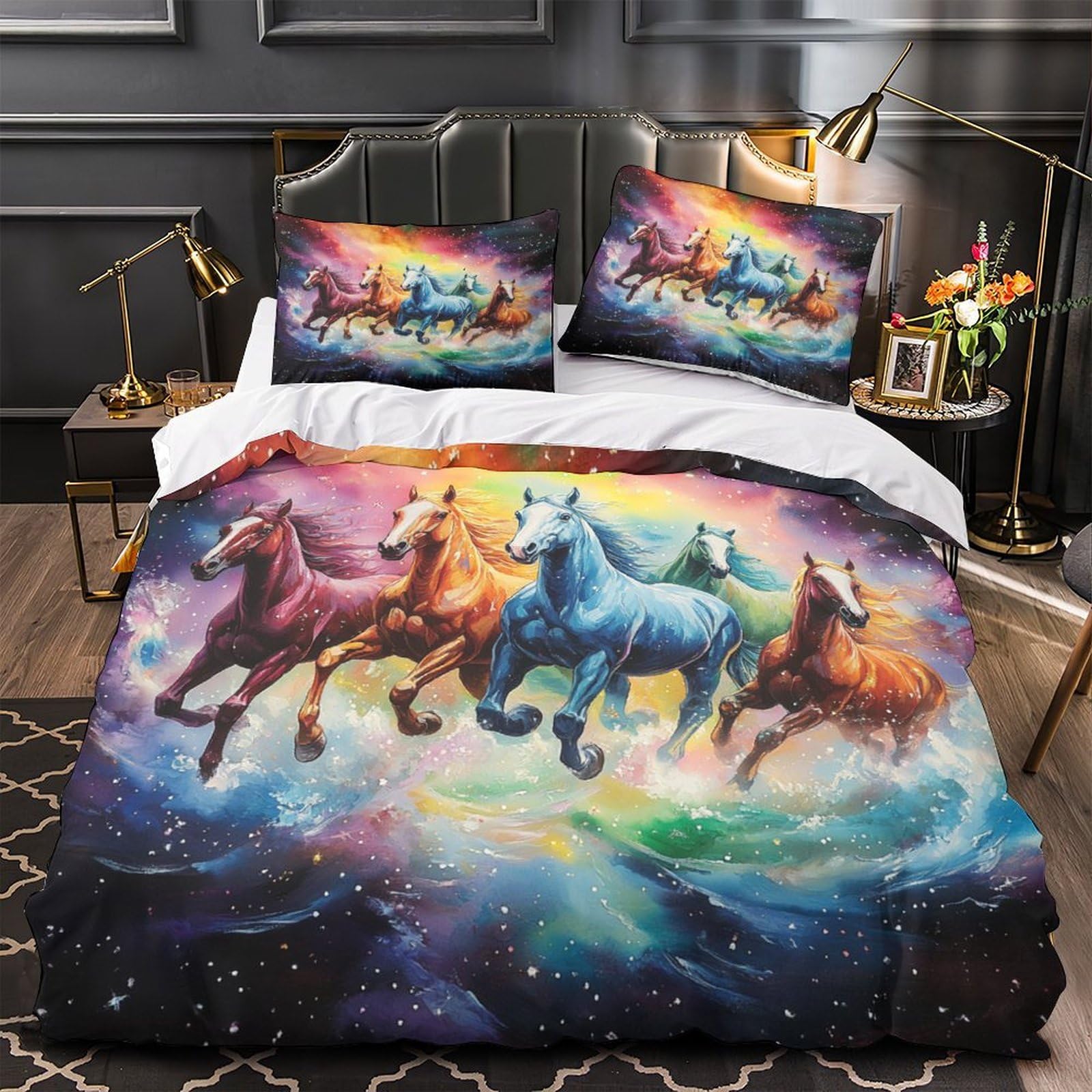 Housse de couette chevaux 3D drap de lit fantaisie pour chambre d'invités