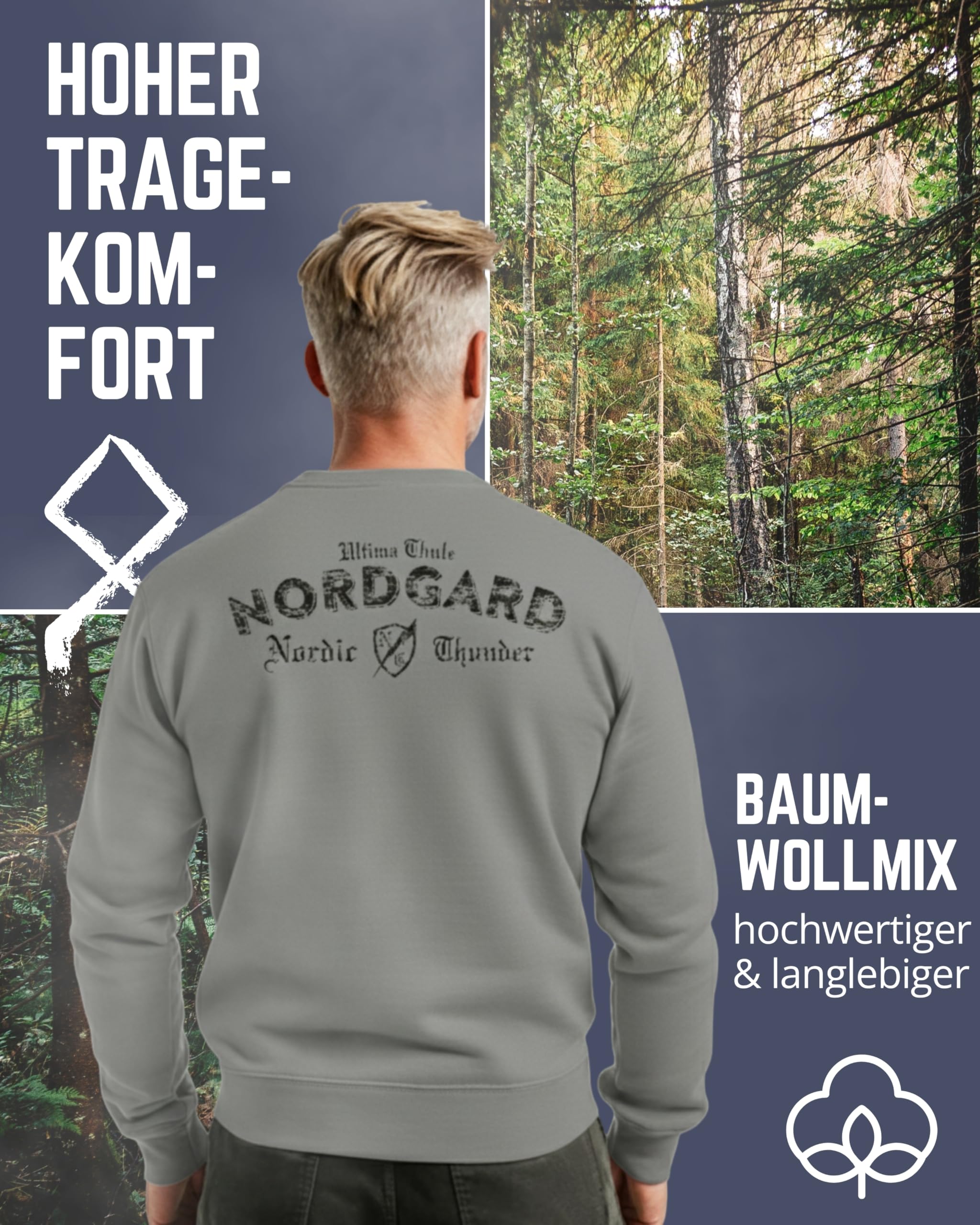 NORDGARD Viking Sweatshirt Torden I Pulli aus 80% Baumwolle & 20% Polyester I Wikinger-Sweater mit Brustdruck I Ideal für Freizeit & Sport I Oeko-TEX Zertifiziert
