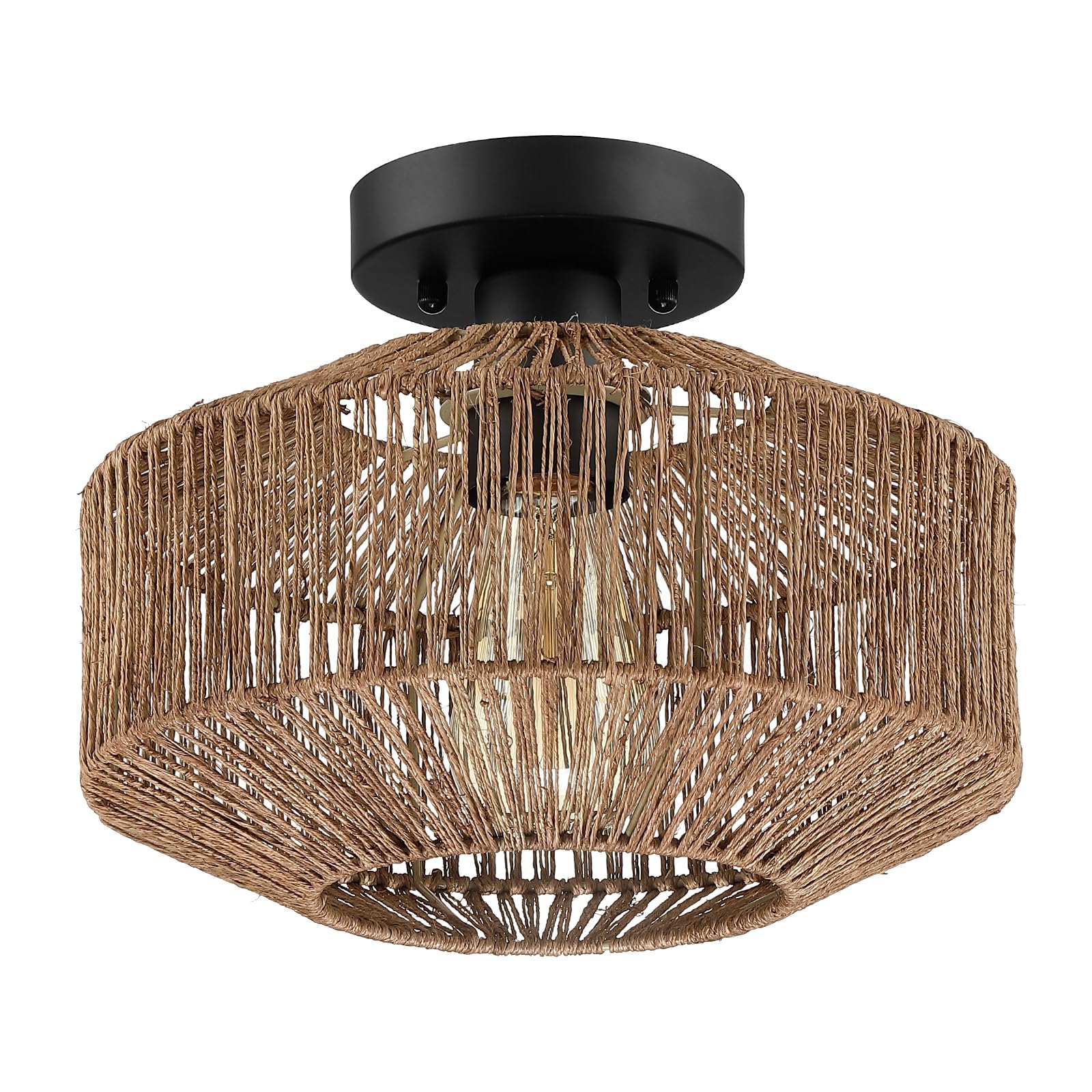 ARPENTER 1-Light Rattan Semi Flush Mount Ceiling Light, Hand-Woven Jute ...