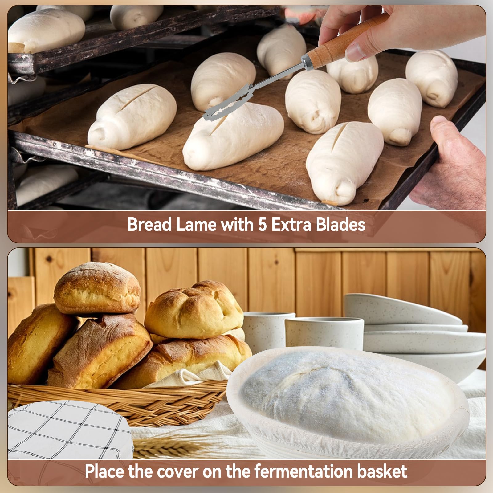 Set completo di cestini per lievitazione del pane, kit completo con 4 sacchetti per il pane, 4 coperchi per ciotole, 1 lama per segnare e accessori, lavabile e riutilizzabile per gli appassionati di
