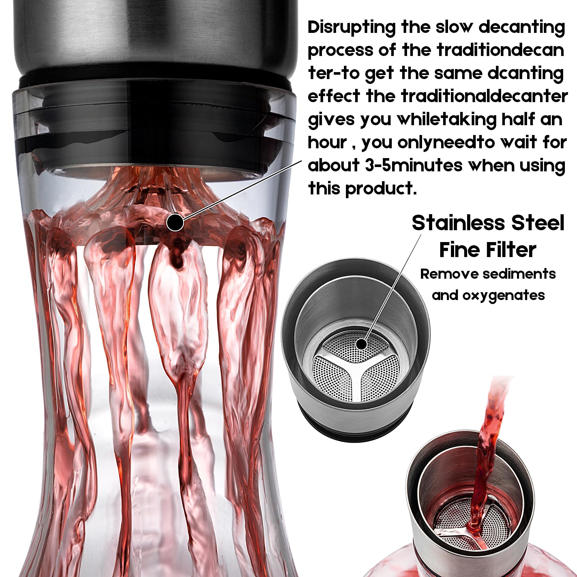 Carafe à vin rouge avec aérateur intégré, 100 % verre en cristal soufflé à la bouche sans plomb avec couvercle en acier inoxydable, filtre, cadeau de vin pour homme