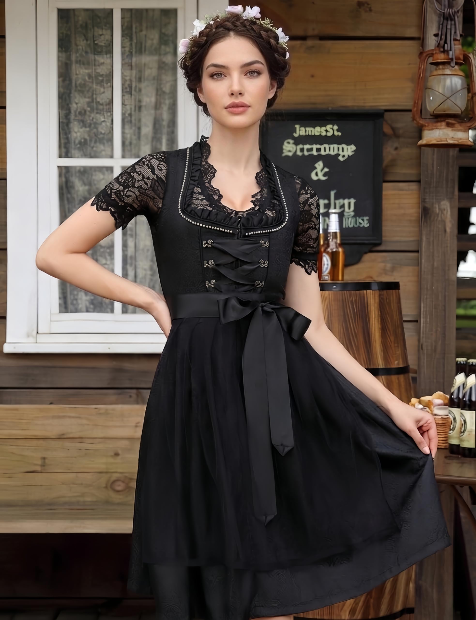 YesFashion Dirndl Damen 3 Teilig Midi Trachtenkleid mit Spitzenbluse & Schürze-Besticktes Outfit für Oktoberfest
