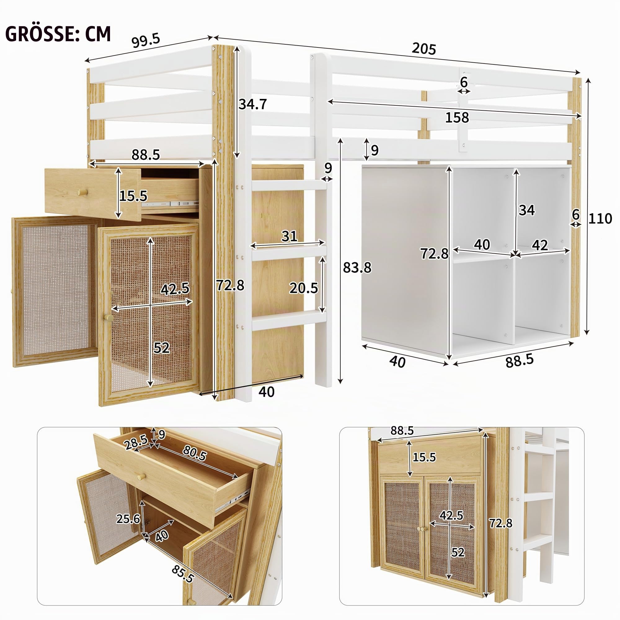 Kinderbett Hochbett 90x200, mit 2 Aufbewahrungsschrank und Leiter, Platzsparendes Kinder Etagenbett Jugendbett Holzbett Bettrahmen mit Rausfallschutz und Lattenrost, stabiles Massivholz, Natur&Weiß