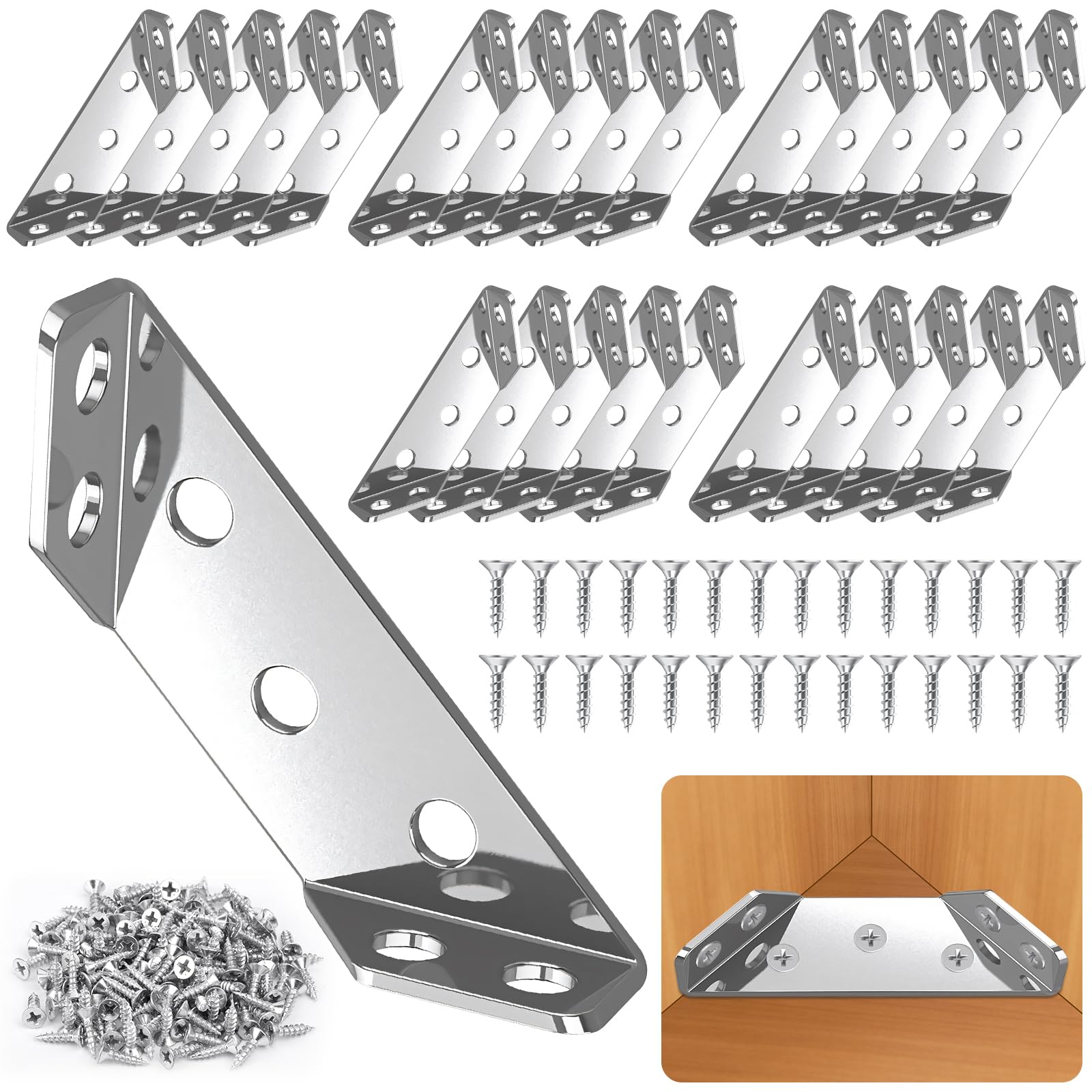 25PCS Universal Stainless Steel Corner Brackets for Wood, Metal Furniture Corner Connector for Wood, Sturdy Angle Bracket Corner Brace with 150 Screws Strong Fixing