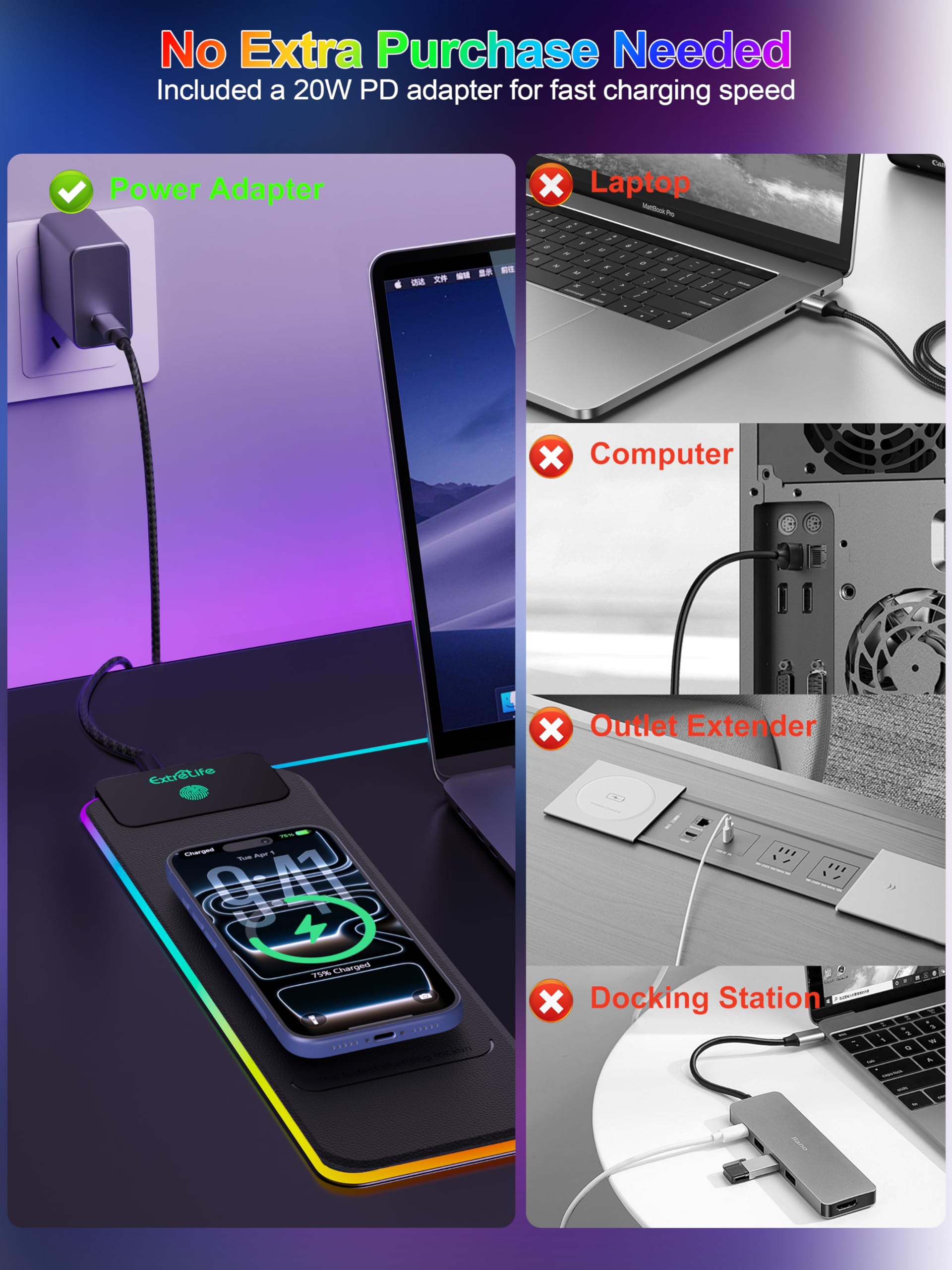 Tappetino per mouse con ricarica wireless da 15 W, tappetino per mouse da gioco RGB, tappetino da scrivania XXL da 80 x 30 cm, 16 modalità di illuminazione, tappetino per tastiera con base in gomma