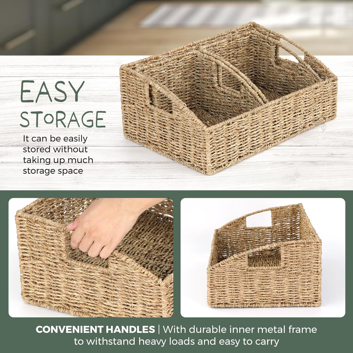 Set of 3 Handwoven Seagrass Storage Baskets – Decorative Natural Wicker Organizer Bins with Built-in Handles for Bathroom, Kitchen, Pantry, Nursery, Closet, Laundry, Living Room, and Home Use