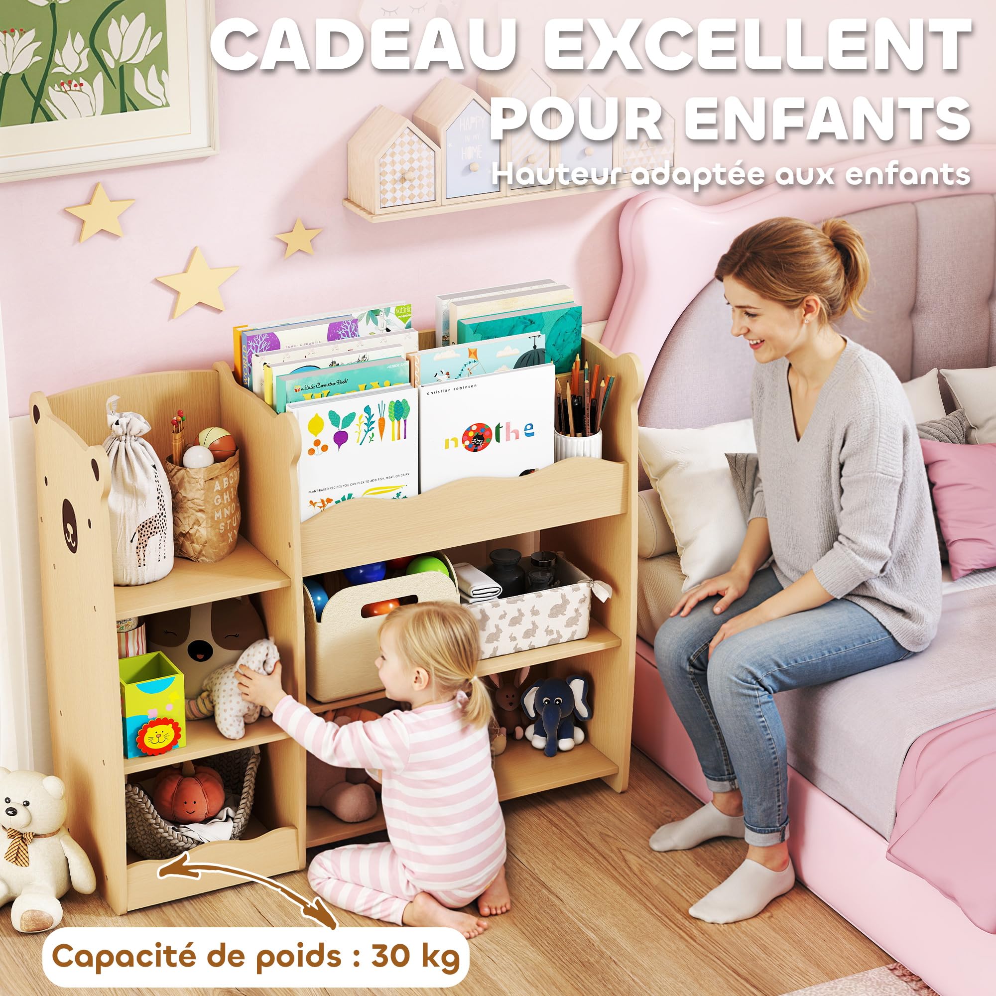 AIYAPLAY Meuble Rangement Enfant à 3 Niveaux, étagère de Rangement pour Jouets Enfants avec étagères Ouvertes, pour Chambre, crèche, Salle de Jeux, Bois Naturel
