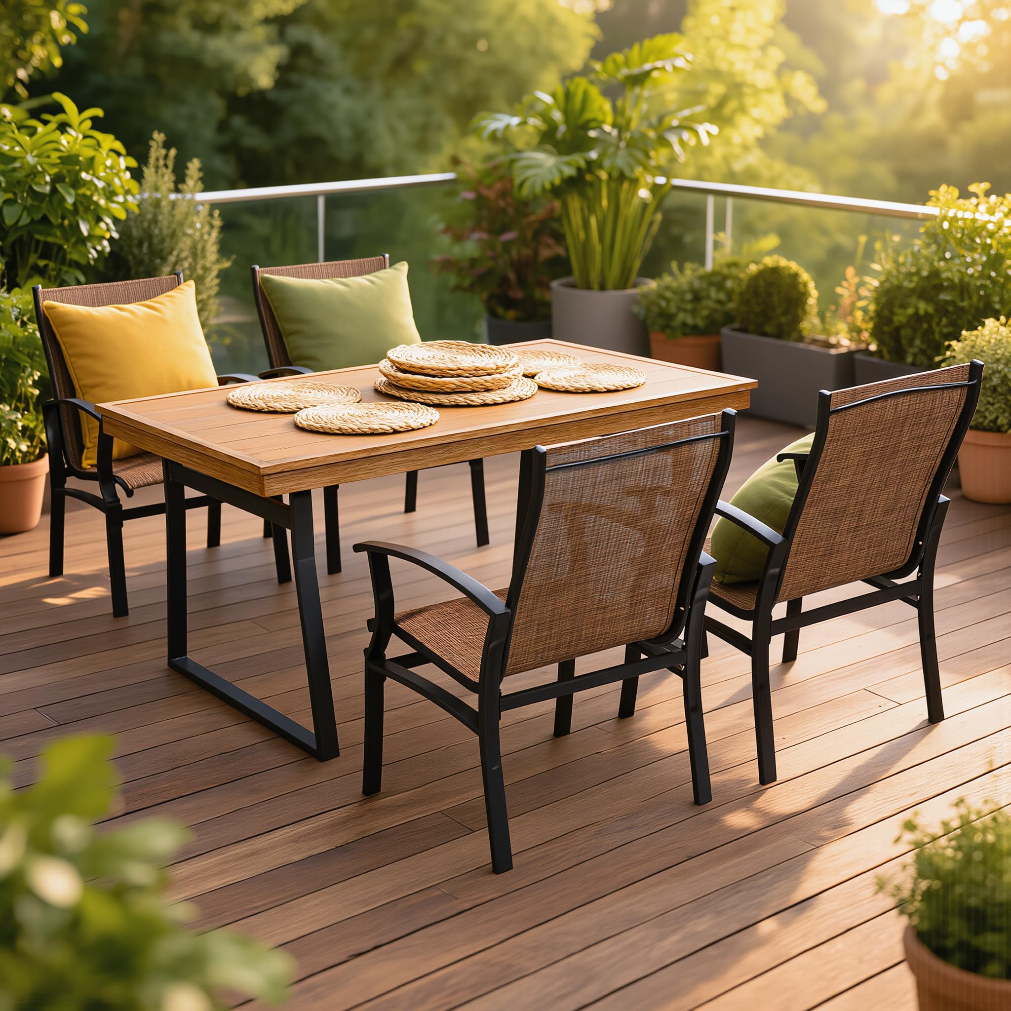Set Pranzo da Giardino 5 Pezzi HAVANA – Tavolo Rettangolare 150x90 cm Vetro Temperato Effetto Legno + 4 Poltrone Textilene Traspirante con Braccioli Struttura Alluminio Antracite Arredo Giardino