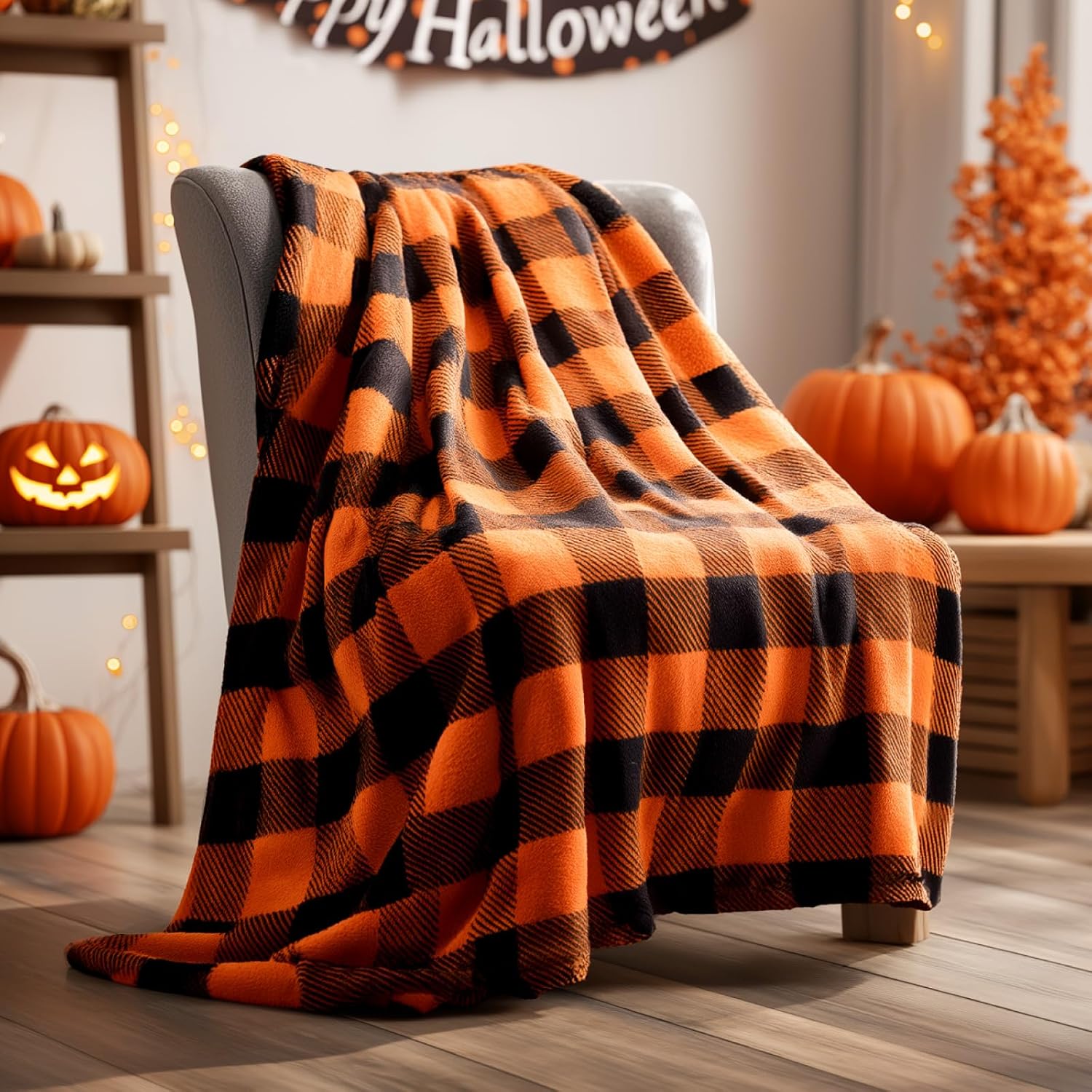 BEDELITE Halloween Blanket for Decor & Gift, Orange and Black Buffalo Plaid Throw Blanket for Couch, Soft & Warm Fleece Throw for Women Men, 50"x60" Orange & Black Throw(50"x60")