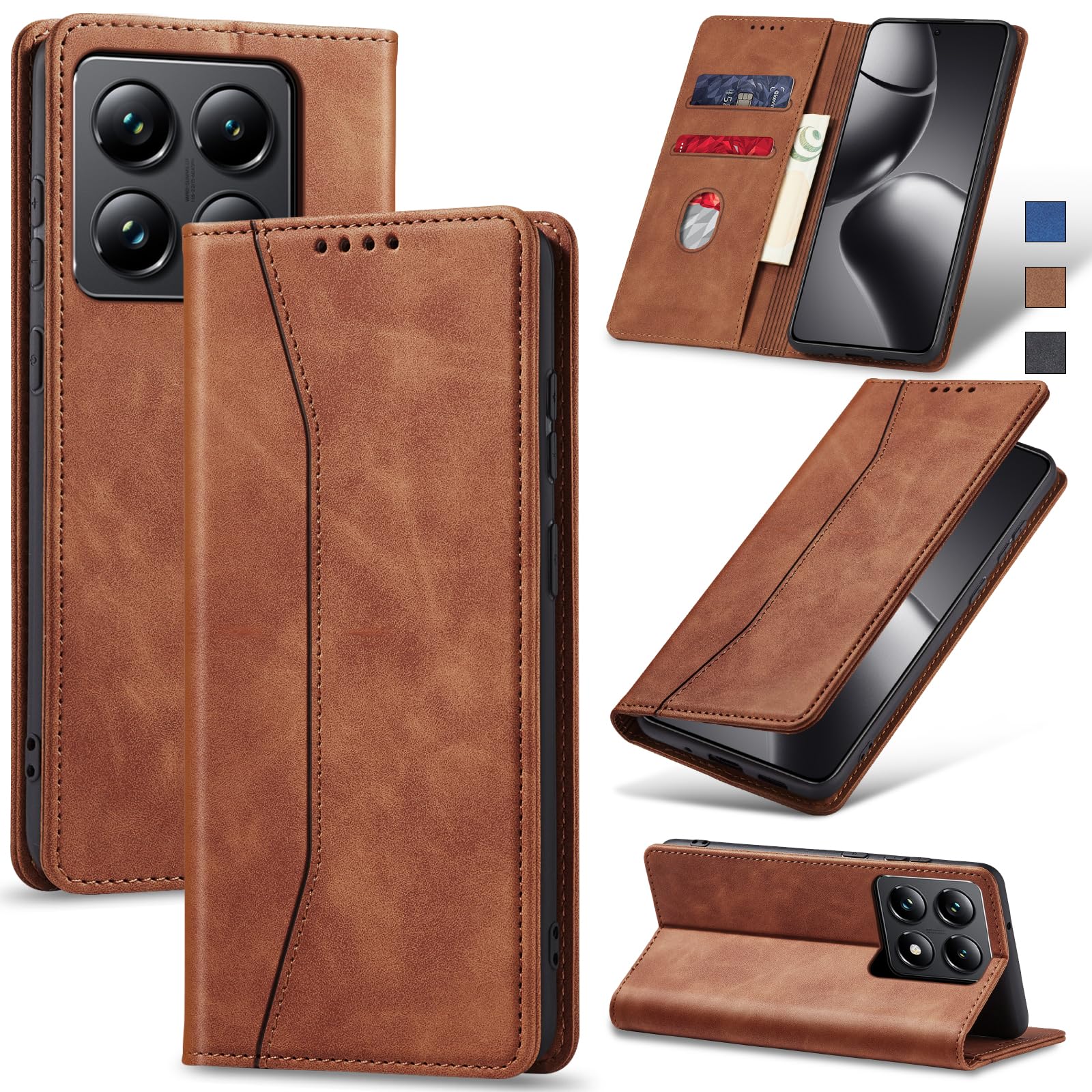 Jasonyu Handyhülle für Xiaomi 14T Pro Hülle Leder Flip Klappbare Stoßfeste Magnetische Premium PU Leder Standfunktion Kartenfächern Schutzhülle Klapphülle für Xiaomi 14T Pro (Braun)