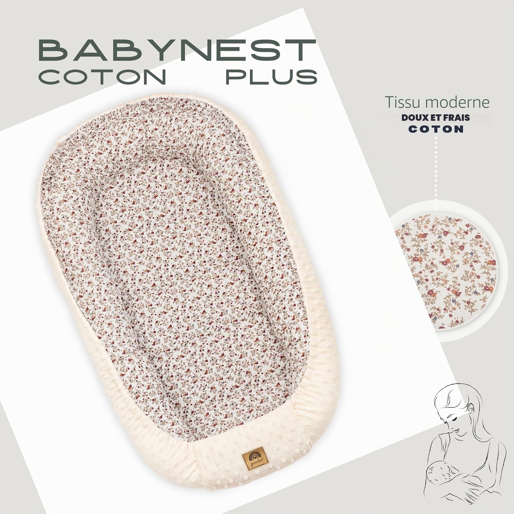 PIMKO Nid pour Bébé Beige – Cocon Bébé Réducteur d’Espace, Baby Nest Portable en Coton & Minky, Espace de Détente et de Repos pour Nouveau-né, Taille Ajustable 70–90 cm