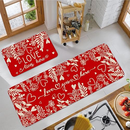 Miniatura 4 de Faptoena Juego de 2 alfombras rojas de cocina para el día de San Valentín, tapete de cocina para suelo con texto en inglés Love Lives Here, tapete