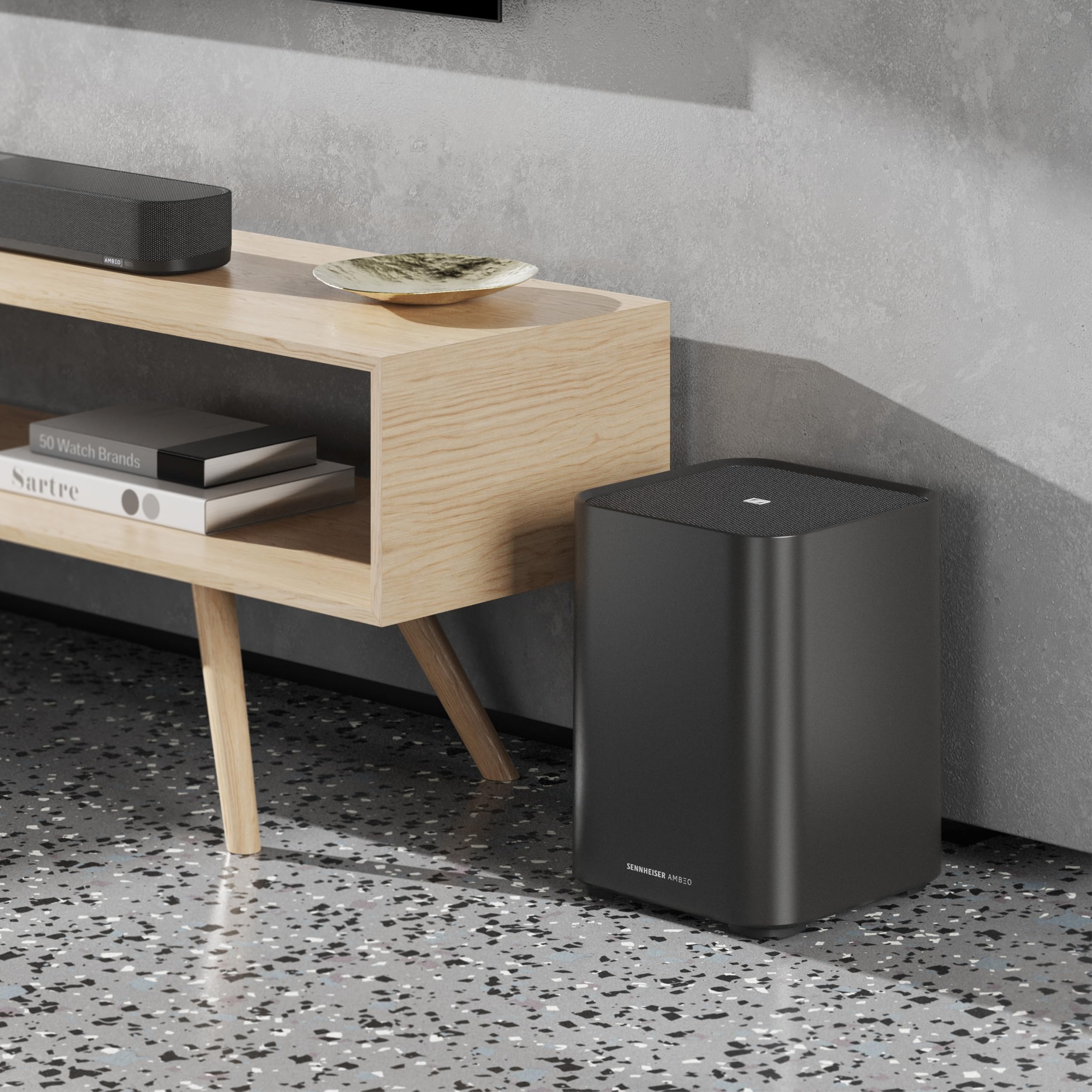 Sennheiser AMBEO Sub do TV i muzyki - wtyczka europejska - głęboki dźwięk 3D - potężny bas do 27 Hz - 8-calowy subwoofer ze wzmacniaczem klasy D o mocy 350 W - kompatybilny z rodziną soundbarów AMBEO