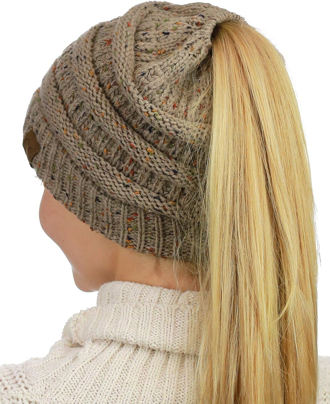 C.C BeanieTail Soft Stretch Cable Knit Messy High Bun Ponytail Beanie Hat, Confetti Taupe - Image 5