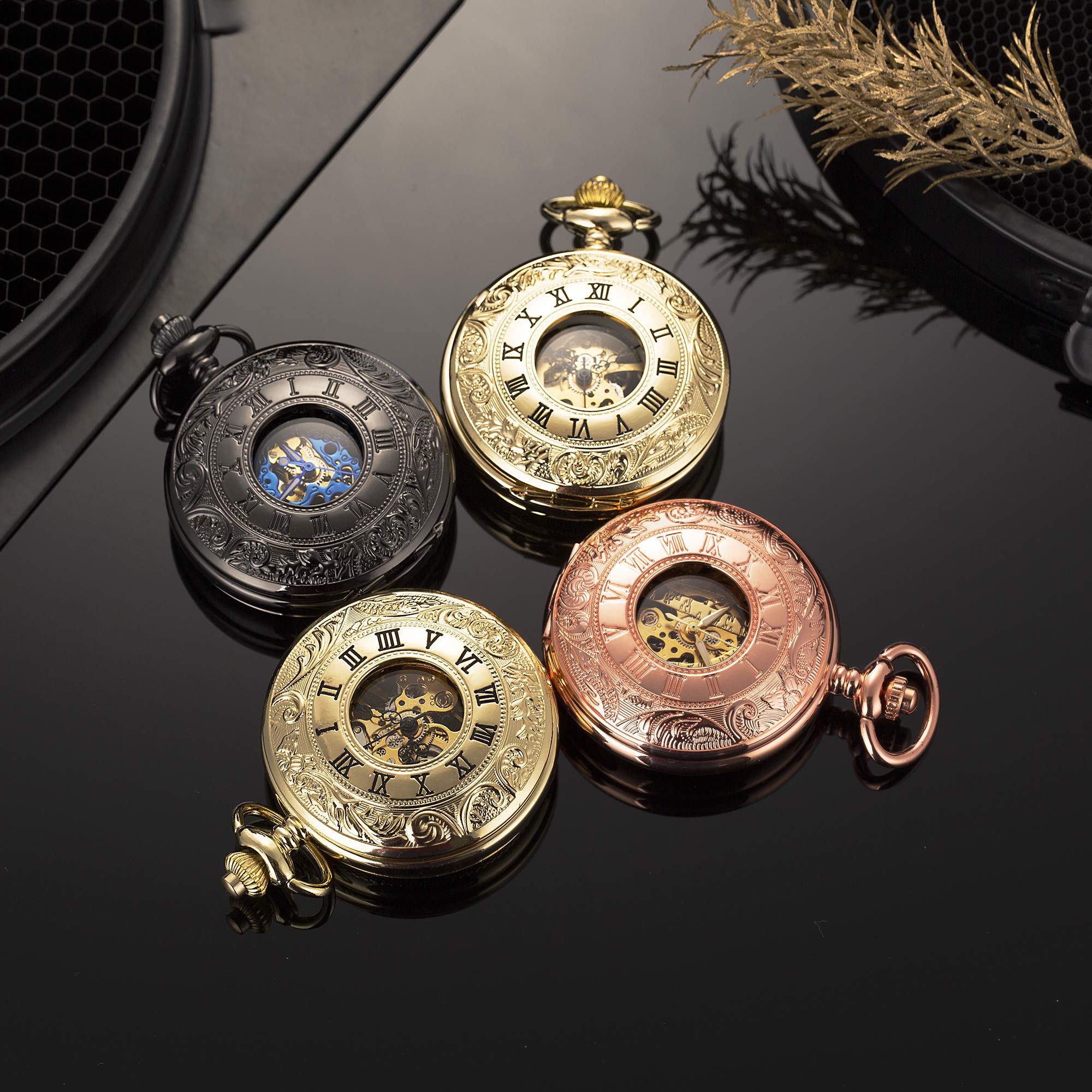 ManChDa Relojes de Bolsillo mecánicos de Doble Cubierta con números Romanos, Esfera de Esqueleto Grabado, con Caja y Cadena, Grabado Personalizado