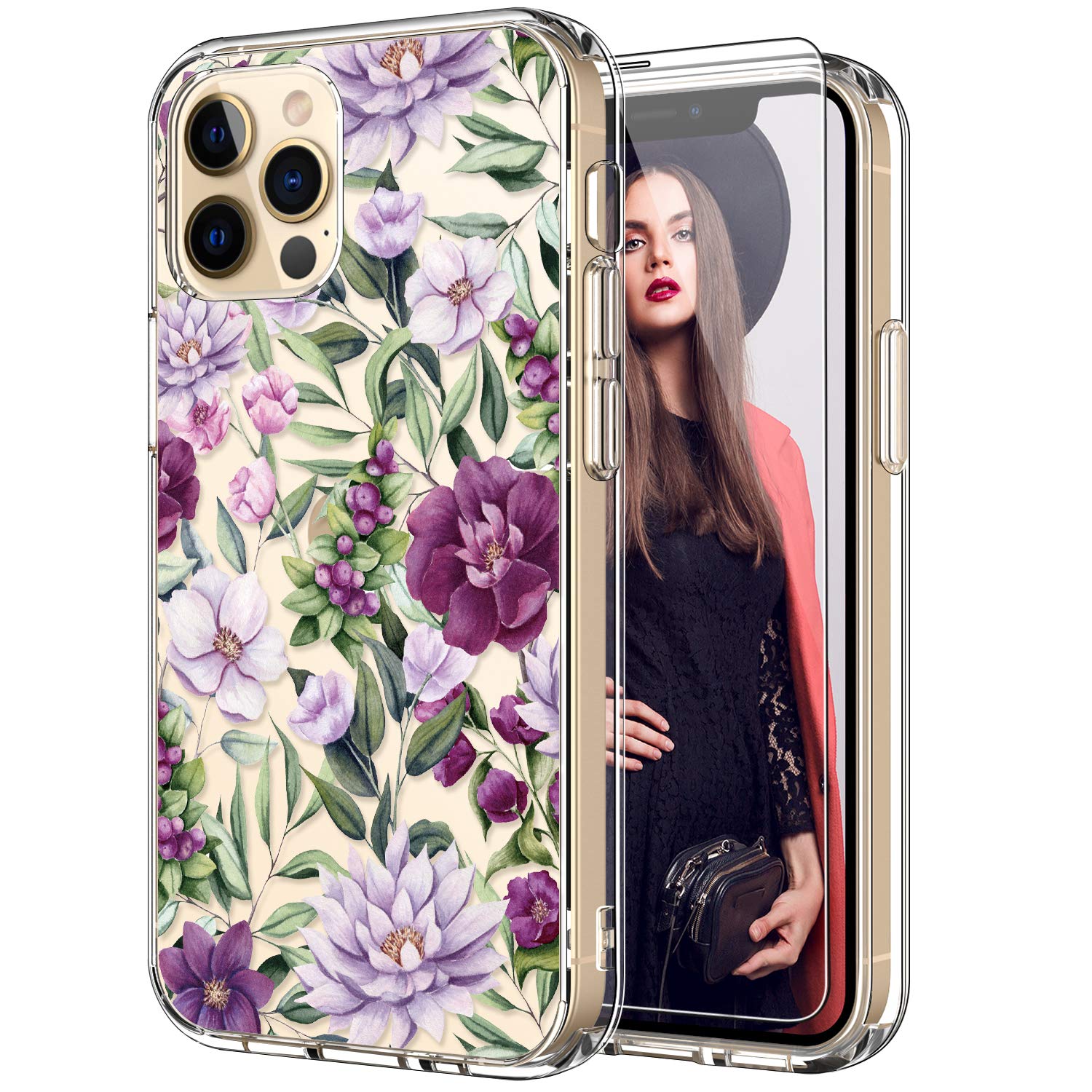 ICEDIO for iPhone 12 Case,iPhone 12 Pro Case with Screen Protector,Clear Cover with Fashionable Designs for Girls Women,Slim Fit Protective Phone Case 6.1" Pink Purple Flowers