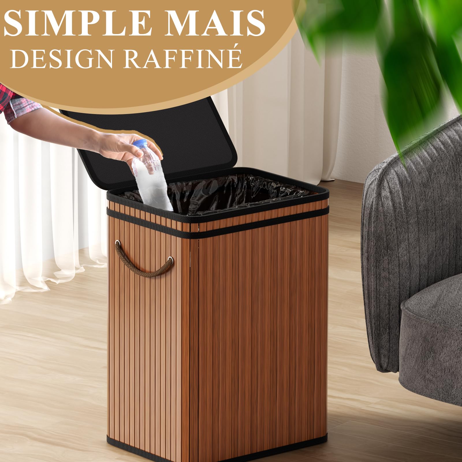 80 Liter großer Mülleimer mit Deckel, Mülleimer aus Bambus, Mülleimer für den Außenbereich, für Zuhause, Büro, Bad, Küche, 40 x 30 x 60 cm, Braun