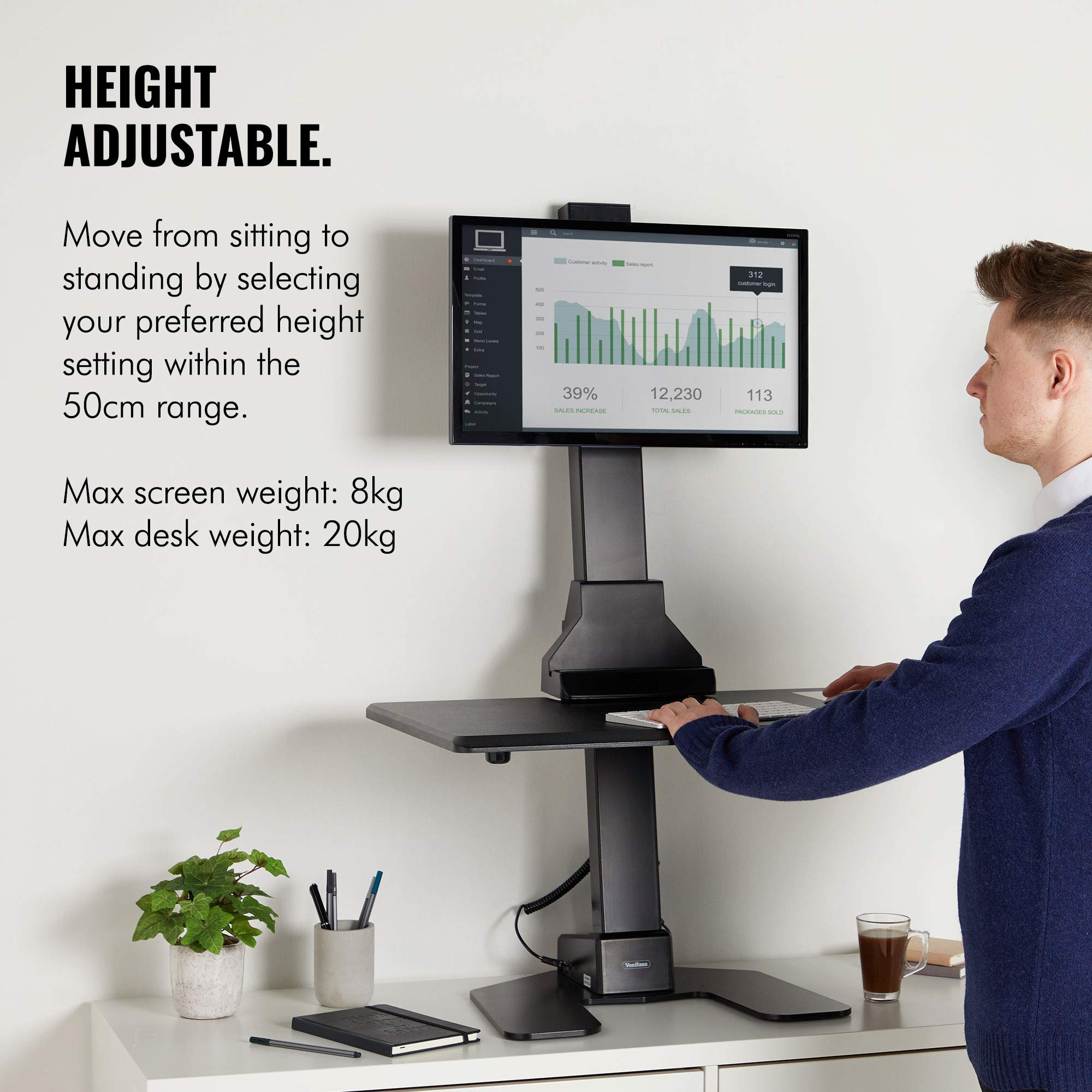 VonHaus Electric Sit Stand Desk Workstation Motorised Monitor Mount