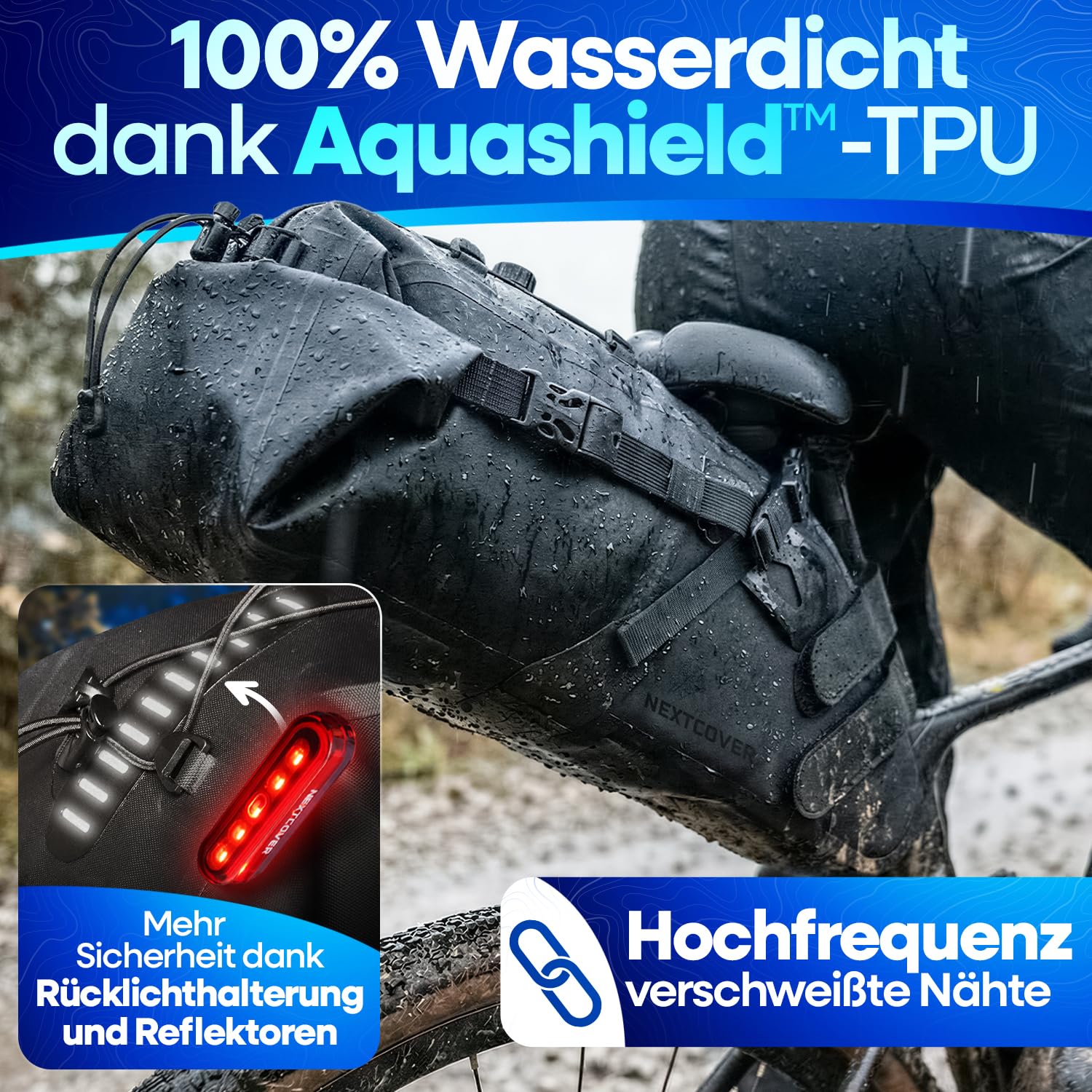 Nextcover® Bikepacking Satteltasche [12 Liter] I Fahrradtasche Sattel I 100% Wasserdicht Dank AquaShield-TPU I Satteltasche für Fahrrad, Bikepacking Taschen für Gravelbike, Rennrad, MTB