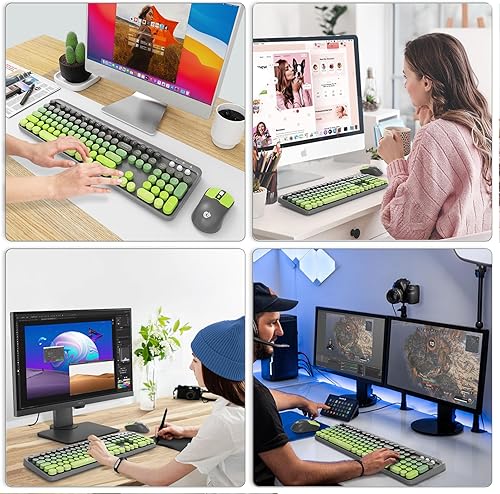 Miniatura 7 de FD Combo de teclado y mouse inalámbricos, bonito teclado y mouse coloridos con teclado retro inalámbrico de 2.4 GHz, apagado automático, receptor