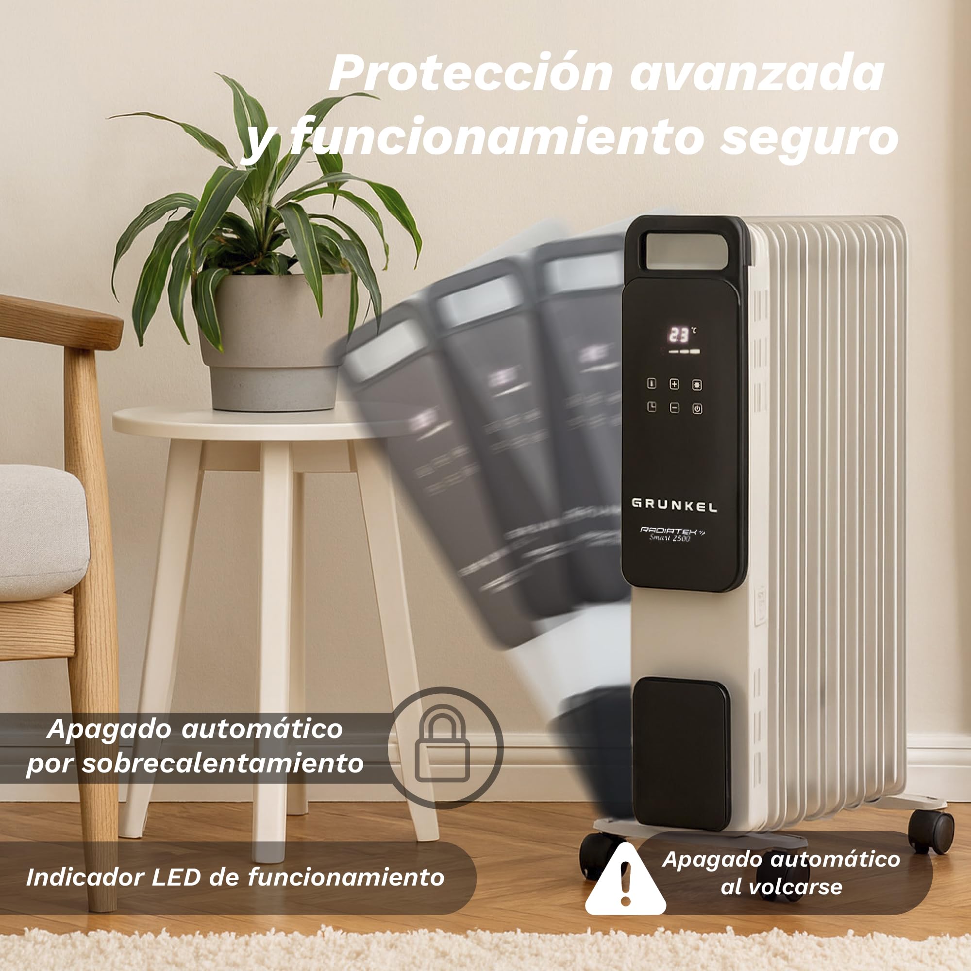 Radiador de Aceite GRUNKEL RD-2500PRO 2500W | 11 Elementos de Calor | Wi-Fi Integrado | Conectividad inteligente | Panel Táctil | Modo ECO | Programación 24H | Protección Antivuelco (2500W)