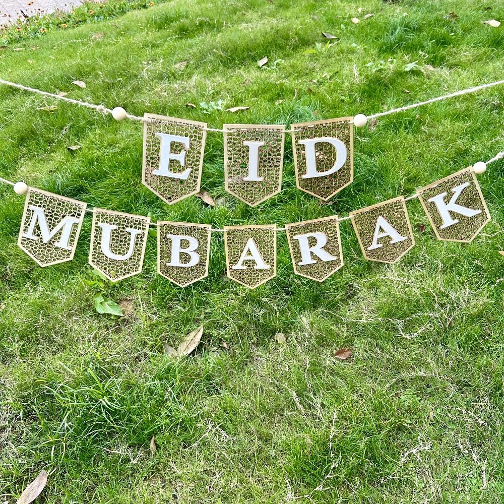 Golden and White Eid Mubarak Wood & Metal Lace Bunting - Eid Decor | Elegant Home Decoration Accent for Eid