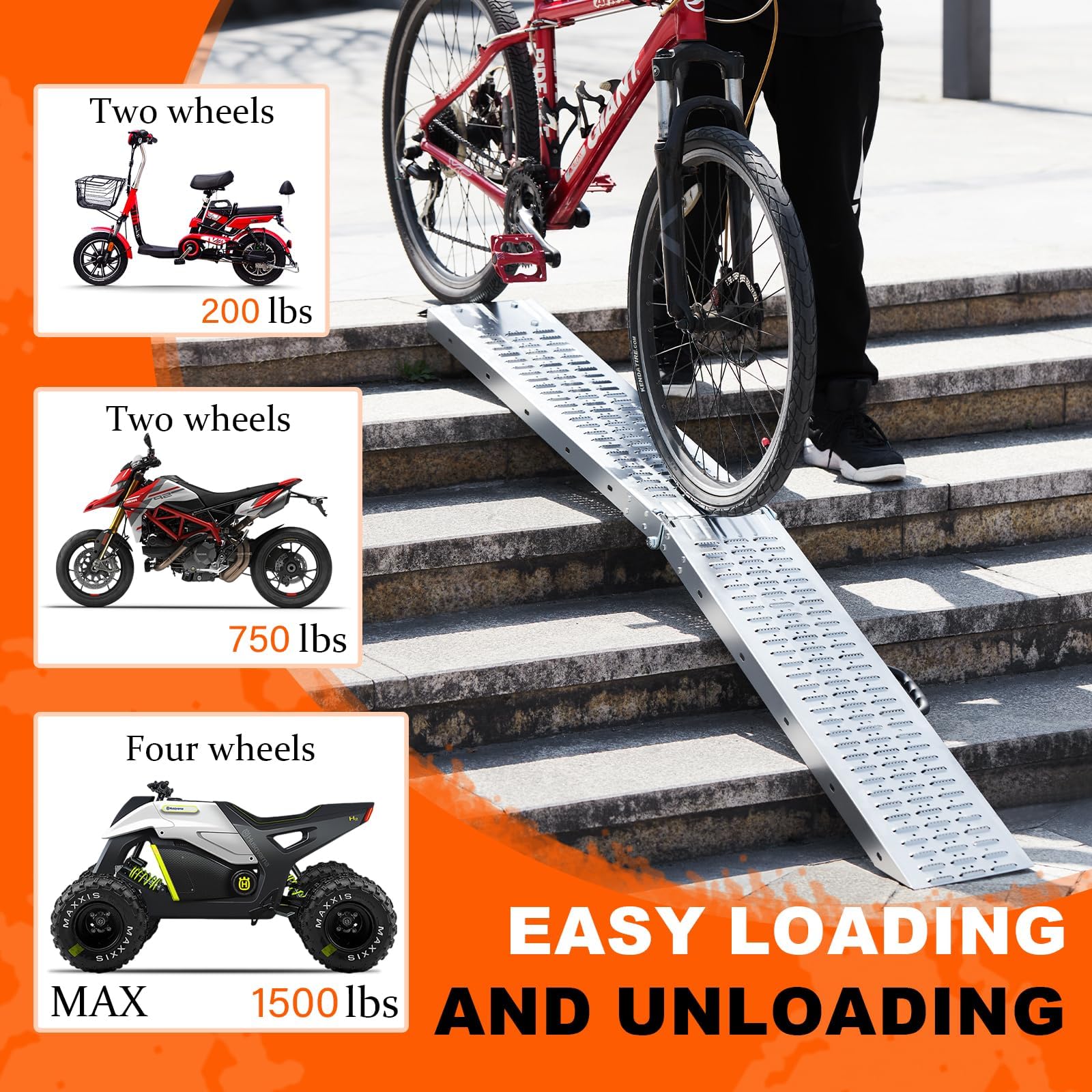 Wytrzymałe składane rampy załadunkowe 184,2 cm, pojemność 680 kg, idealne do motocykli, kosiarek do trawy, ATV, UTV itp. Zestaw 2 sztuk z paskami bezpieczeństwa i rękawiczkami