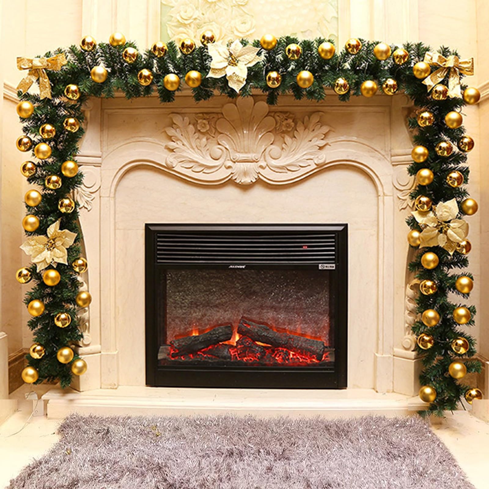 OPFdfhDFH Christmas wreaths, 9 FT Mantle Garland, Christmas Flower Vine Plants, Artificial, Stairs Decorations, Home Decor for Fireplace Door(Gold)