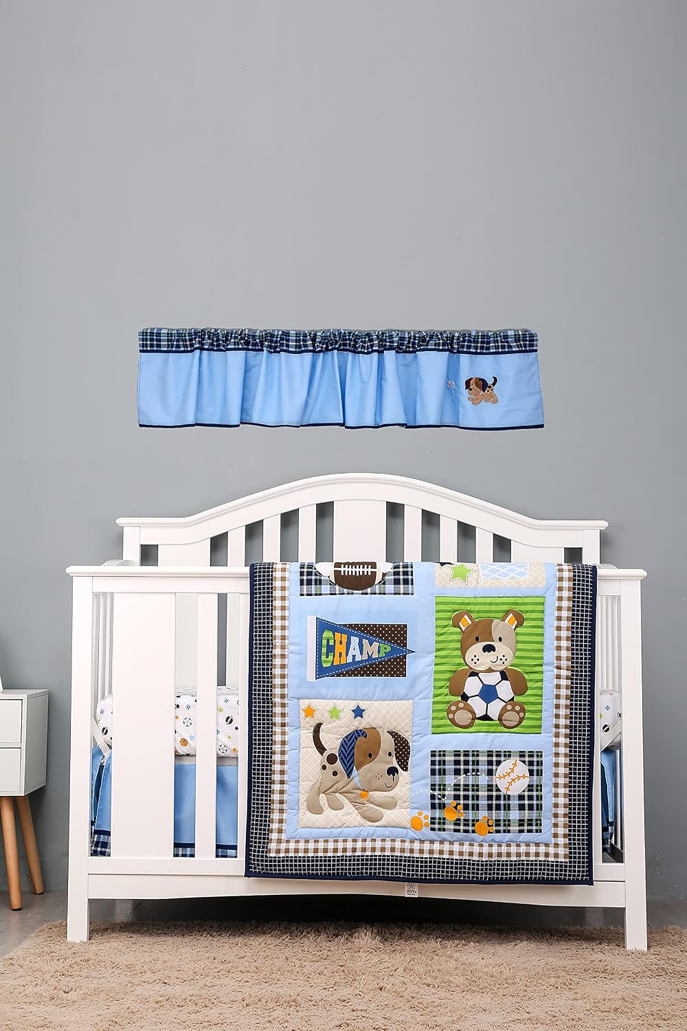 JAHbaby 4 PCs Blue Sports Dog Nursery Crib Bedding Set Sports Theme Cot Bedding Set Quilt , Fitted Sheet , Skirt , Window Valance Blue , Green ,Brown , White, 28 X 52