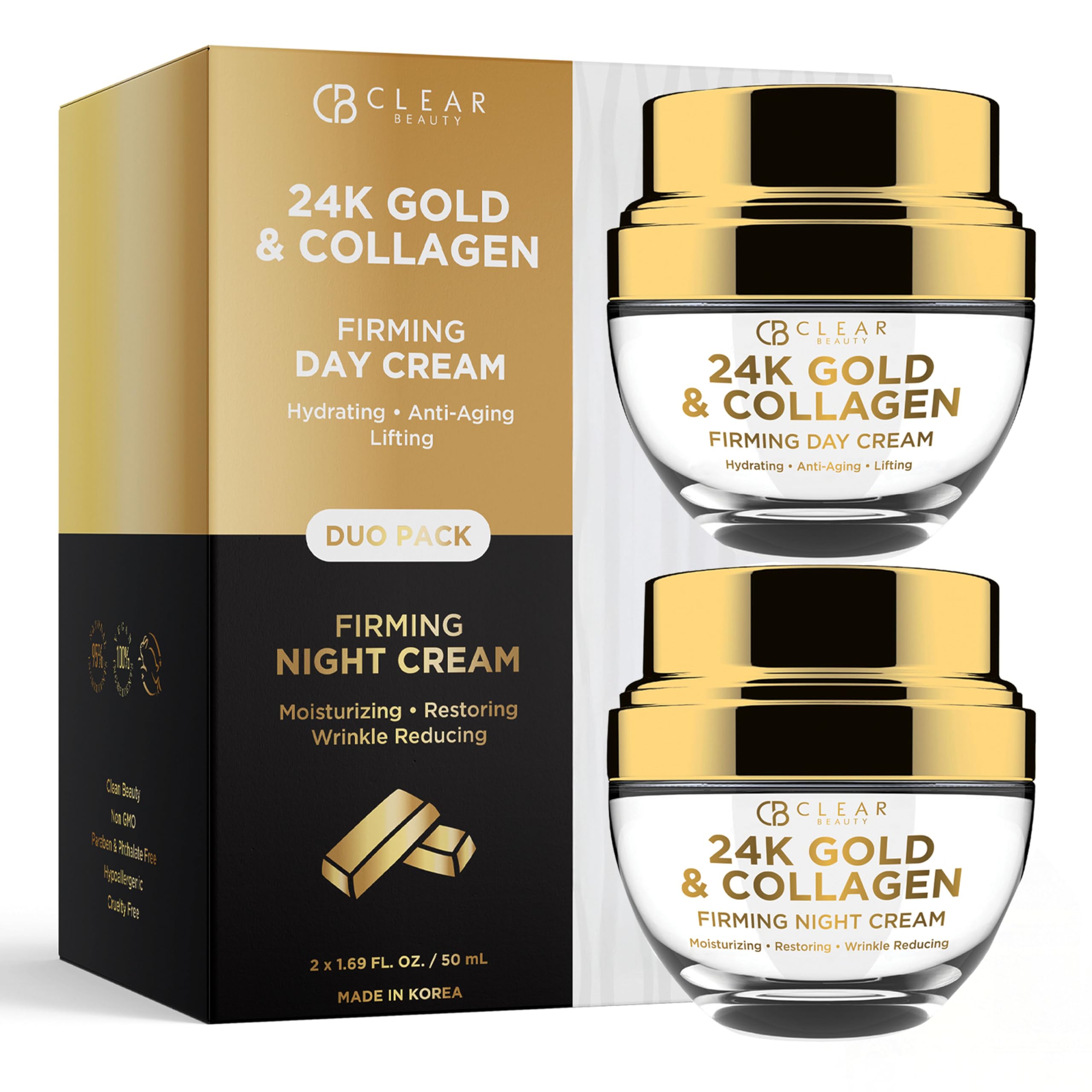 Clear Beauty 24K Gold & Collagen Day Night Moisturizer Set - Hydrating, Anti-Aging Cream, Natural Ingredients, Cruelty Free Korean Skin Care, All Skin Types - Value Pack