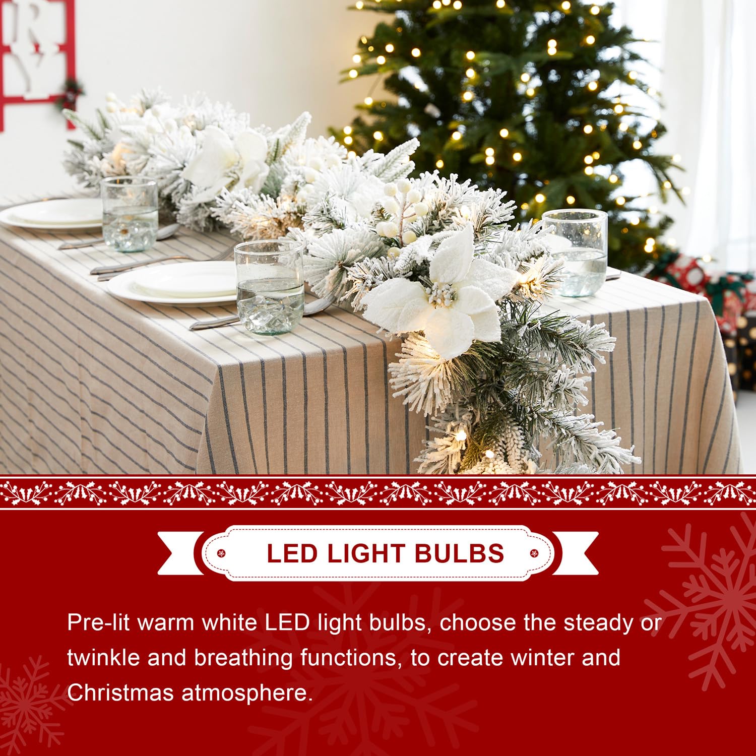 Glitzhome 2 guirnaldas de Navidad preiluminadas de pino blanco con 50 luces blancas cálidas con temporizador para el hogar, escaleras, chimenea, puerta delantera, ventana, decoración de Navidad