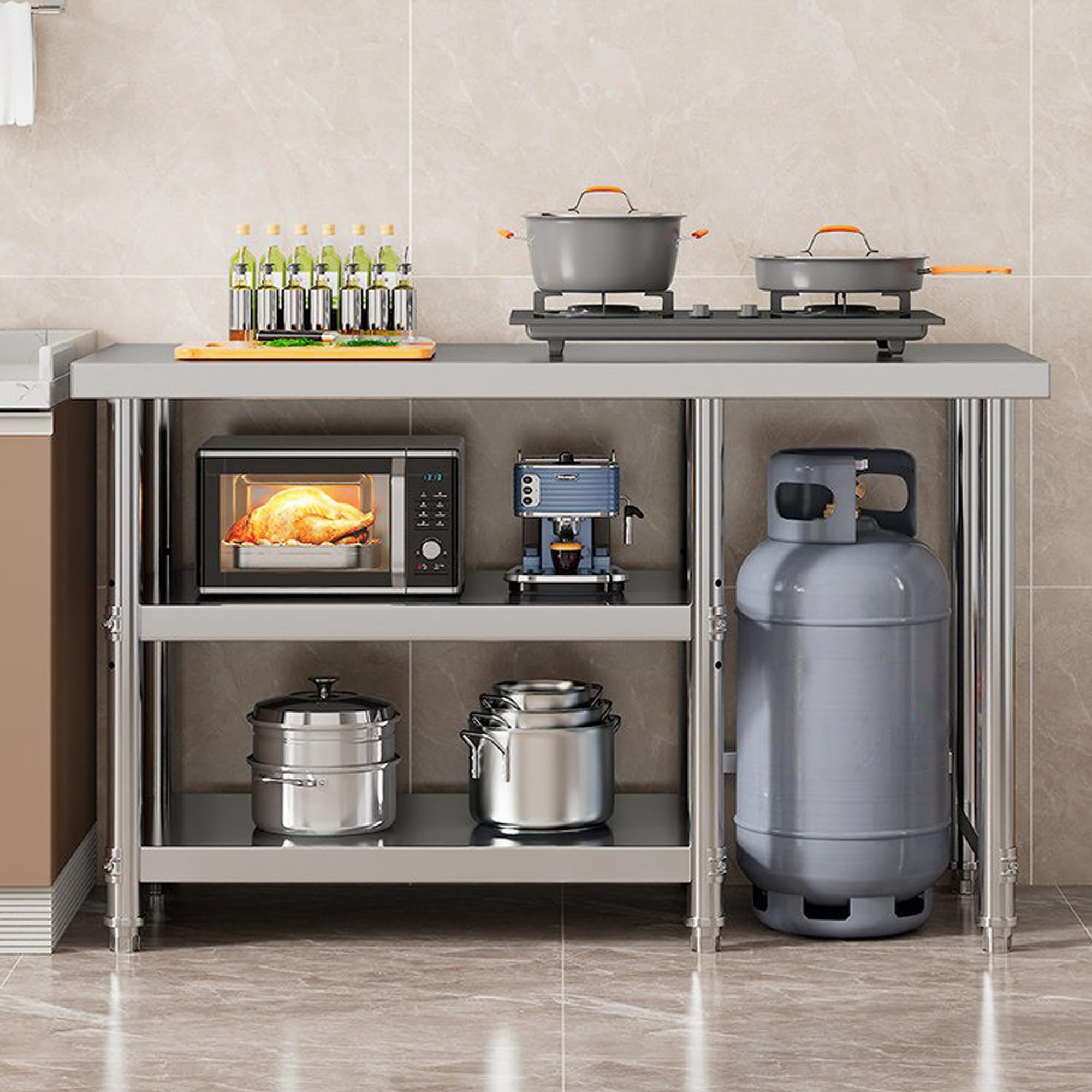Tavolo da Lavoro in Acciaio Inox, 3 Ripiani Tavolo da Preparazione Commerciale, Banco da Cucina Acciaio, Scaffali Acciaio Inox per Ristorante, Cucina, Garage, Magazzino,100x40x80cm