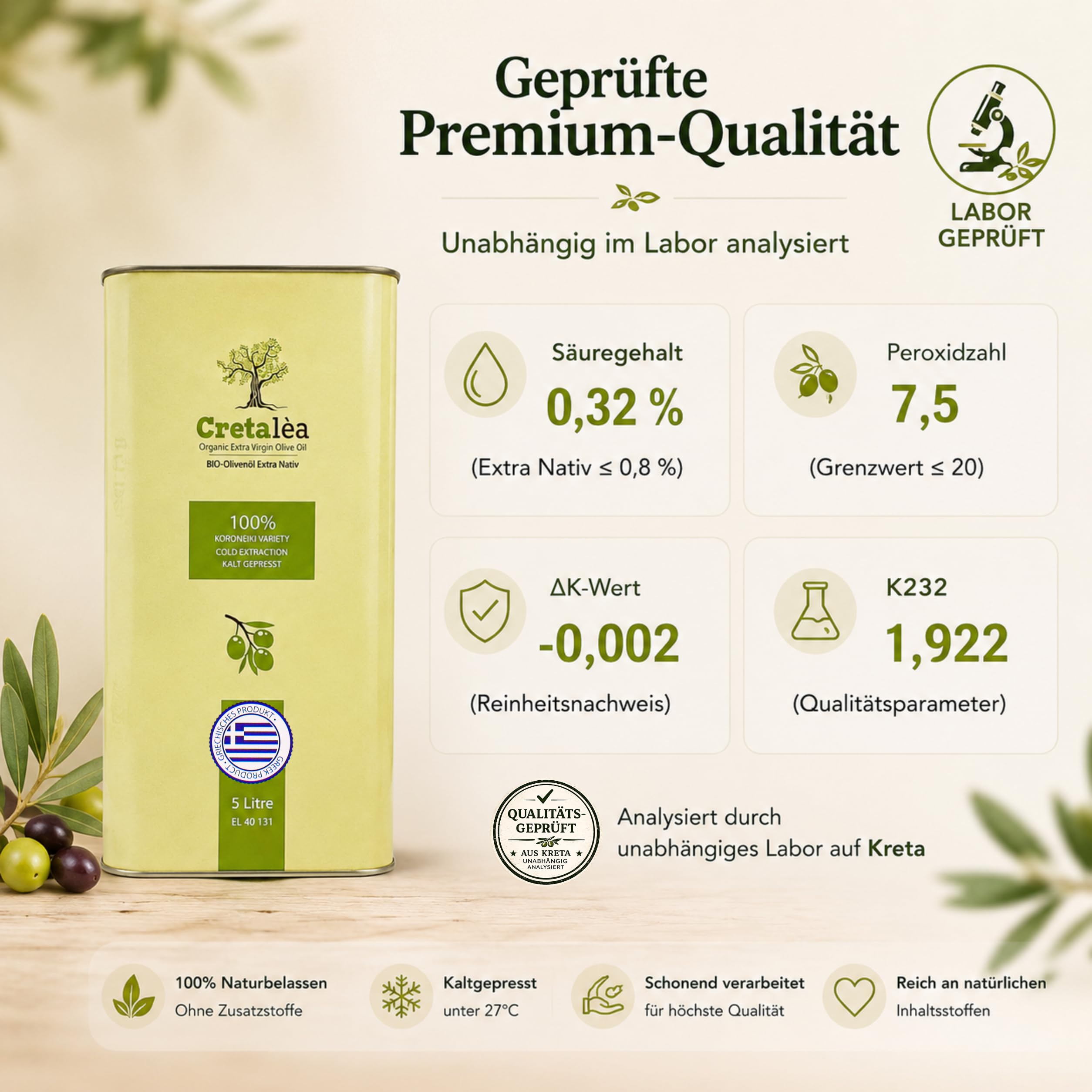 Olivenöl 5 Liter Bio - Extra nativ - Kreta - kaltgepresst - griechisches Öl - 100% handverlesen, Singvogelgeschützt - neue Ernte - Cretalèa