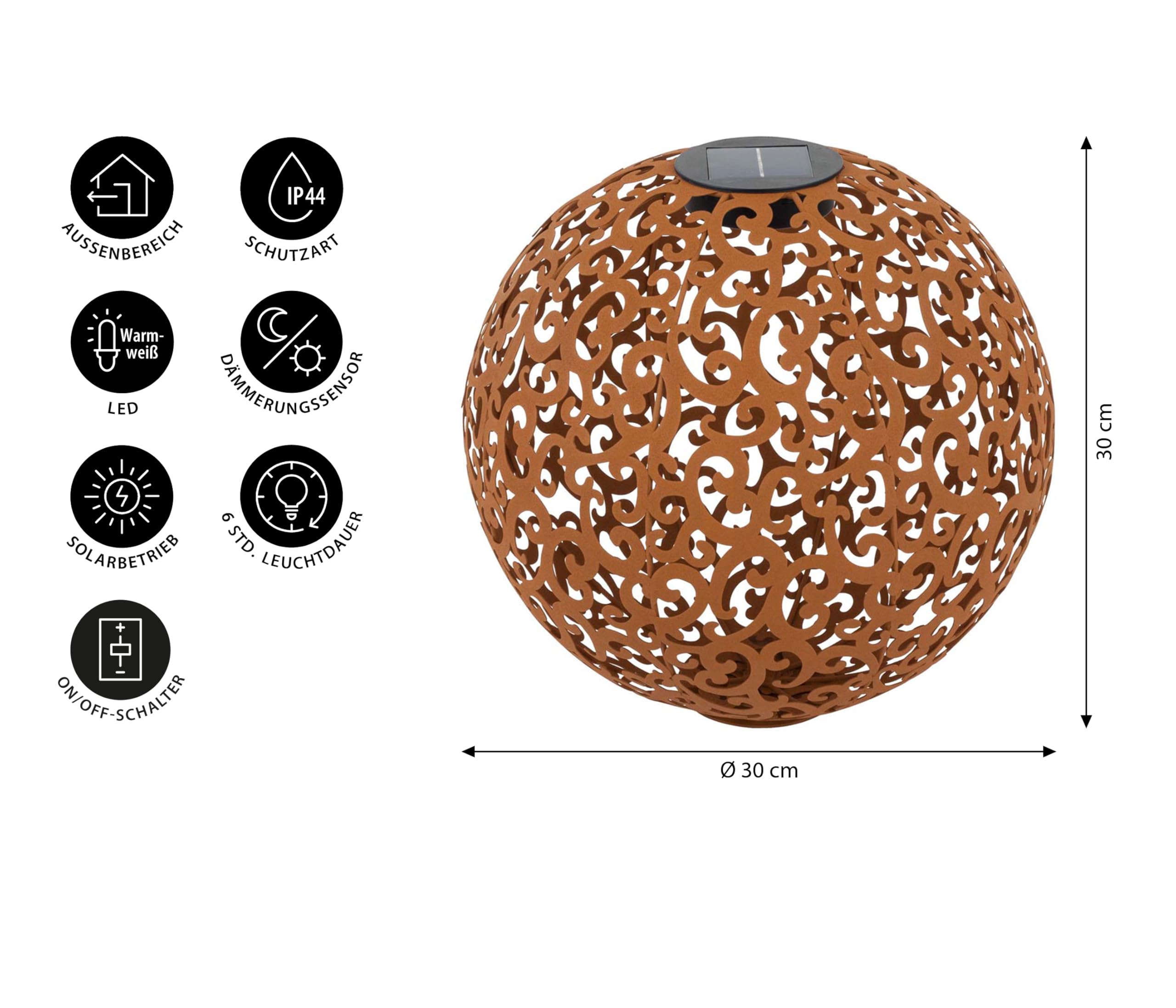 Dehner Solarkugel Lagos | Solardeko, Solarleuchte, Gartenbeleuchtung | Gartenkugel, Deko, Gartendeko, Outdoor | edelrostfarben, Metall | Ornamente | mit Erdspieß und Bodemplatte | Ø 30 cm