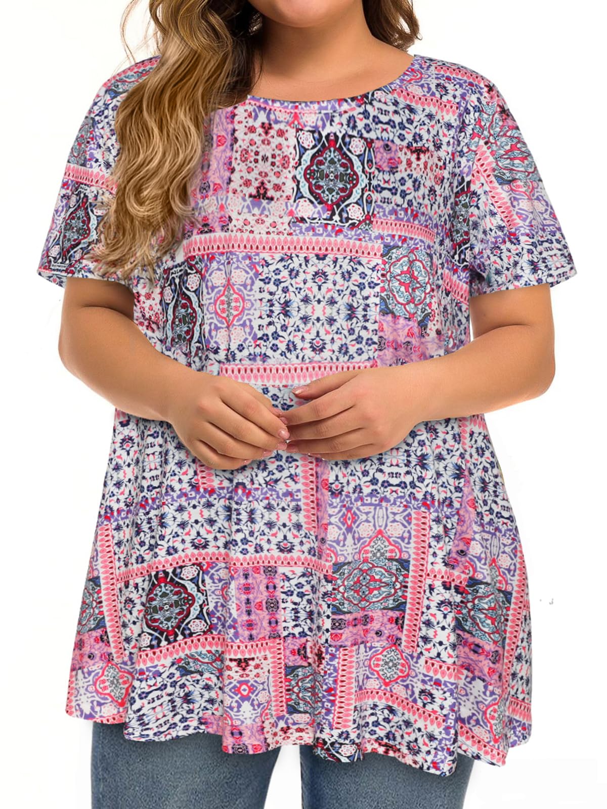 JOELLYUS Plus Size Tops for Women Tunic Floral Casual Short Sleeves T Shirts Flowy Blouses