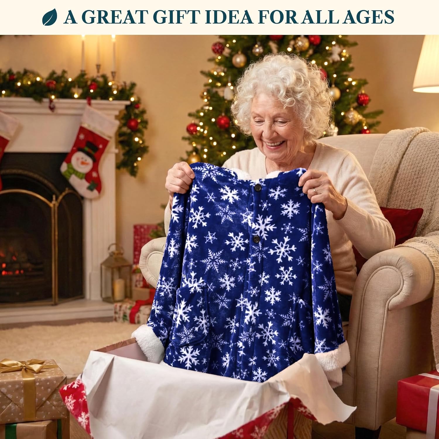 PAVILIA Wearable Blanket for Adult Women, Cozy Plush Fleece Blanket Poncho Cape with Hood, Super Soft Shawl, Angel Wrap Throw for Office, Snowflake Blue - Image 6