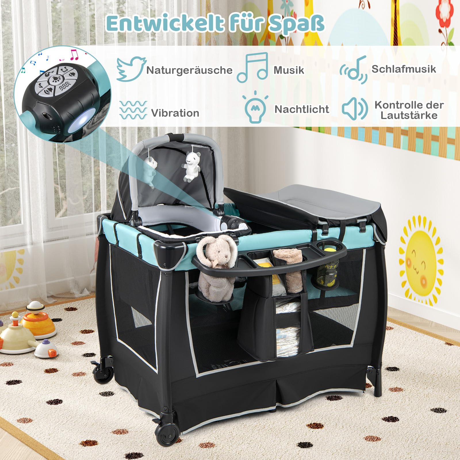 DREAMADE Reisebett mit Matratze,6-in-1 Babybett, Reisegitterbett mit Bassinet, Windelwechsel Tisch, Aufbewahrungstasche, Musikbox, Hängespielzeug, Abschließbare Räder, für 0-36 Monate (Grün)