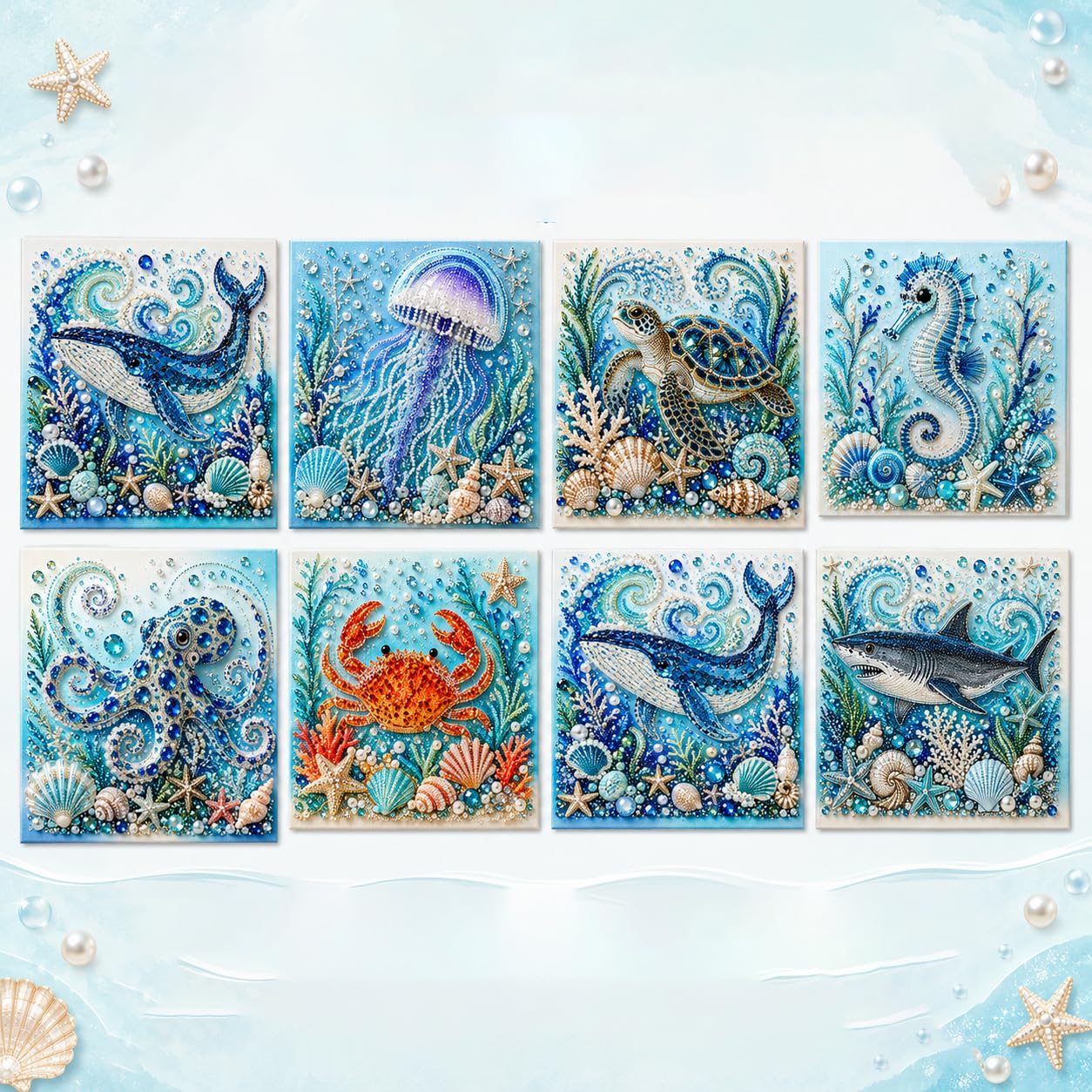 GoBrush Ocean Theme Pearl Art DIY Kit, Ocean 3D Diamond Painting Craft for Adults, (BLUE-8PCS)